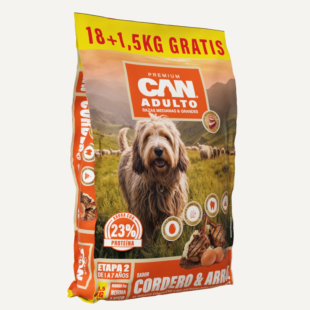 Render del saco CAN Bonus con la franja amarilla «18 + 1,5 kg gratis».