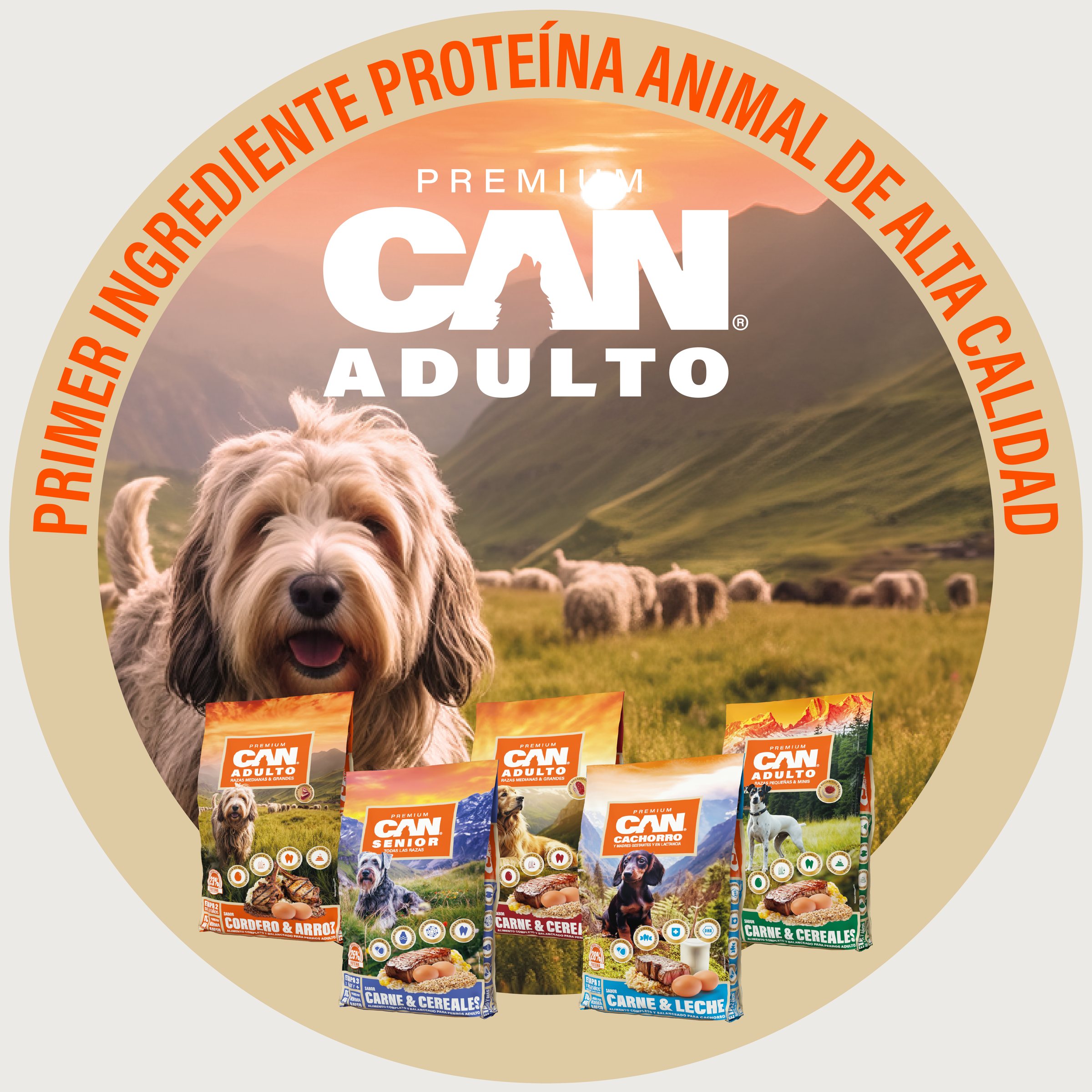Vibrín circular de CAN Adulto: «Primer ingrediente proteína animal de alta calidad».