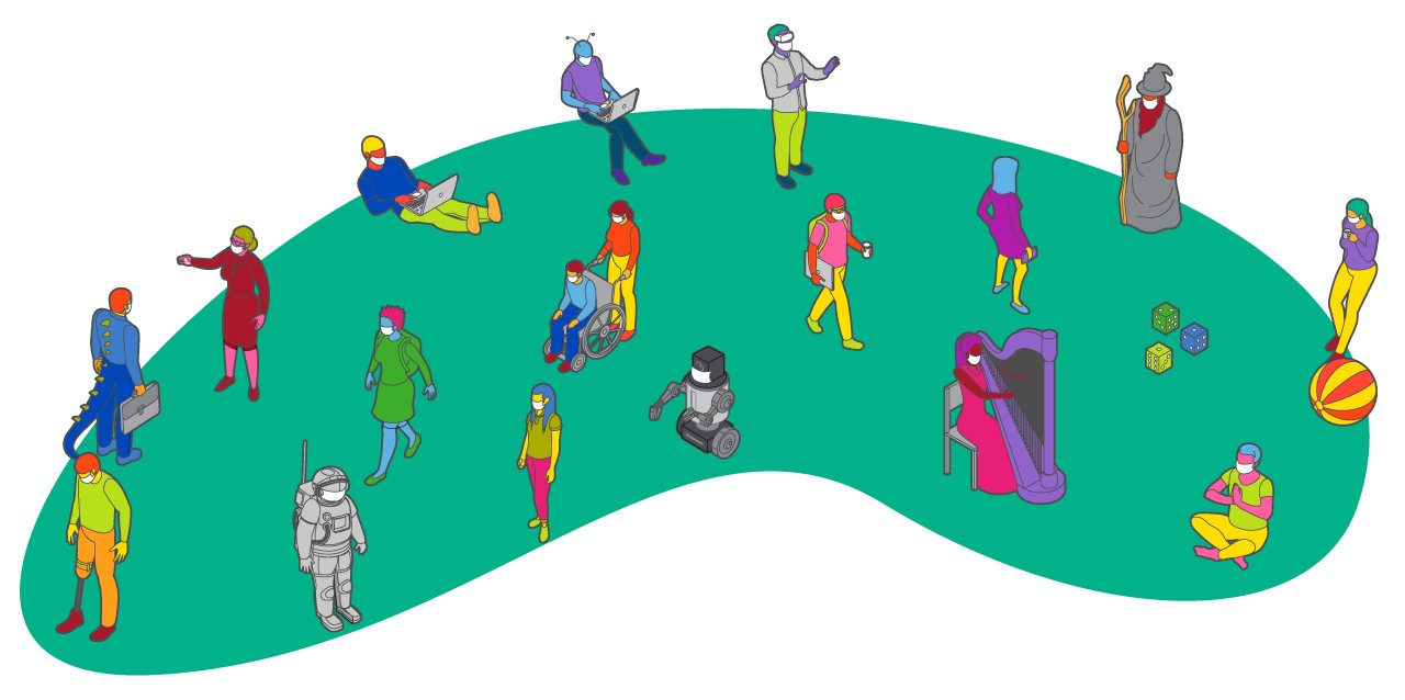 Ilustración del acuerdo de convivencia de Citic: personas con mascarilla distanciadas sobre una forma fluida verde.