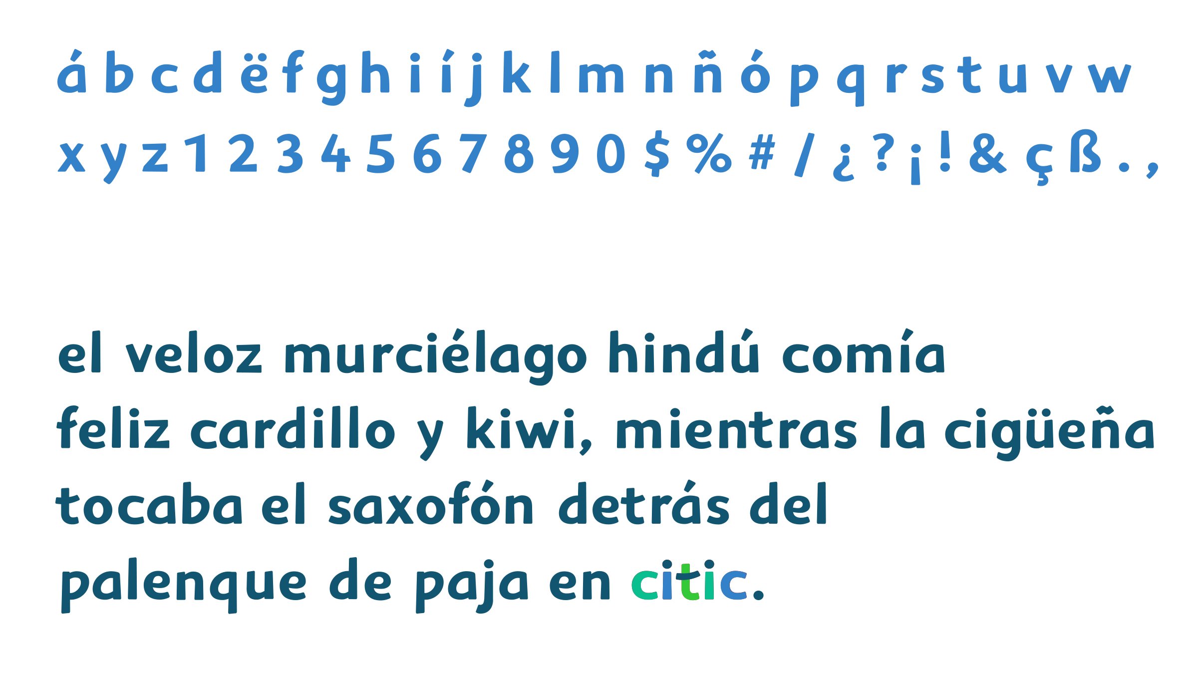 Pangrama de la tipografía Citic Bold en azul: alfabeto, números y la frase «el veloz murciélago hindú comía feliz cardillo y kiwi».