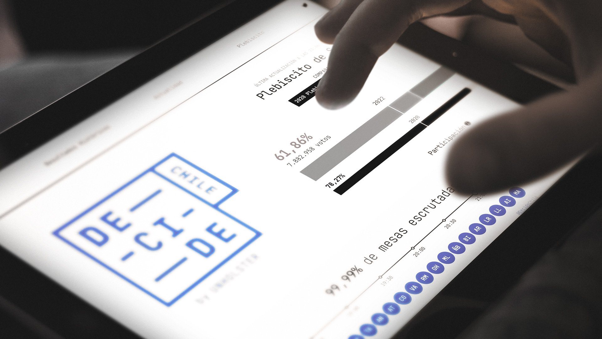 Una mano recorre en una tablet los resultados del plebiscito en Decide Chile.
