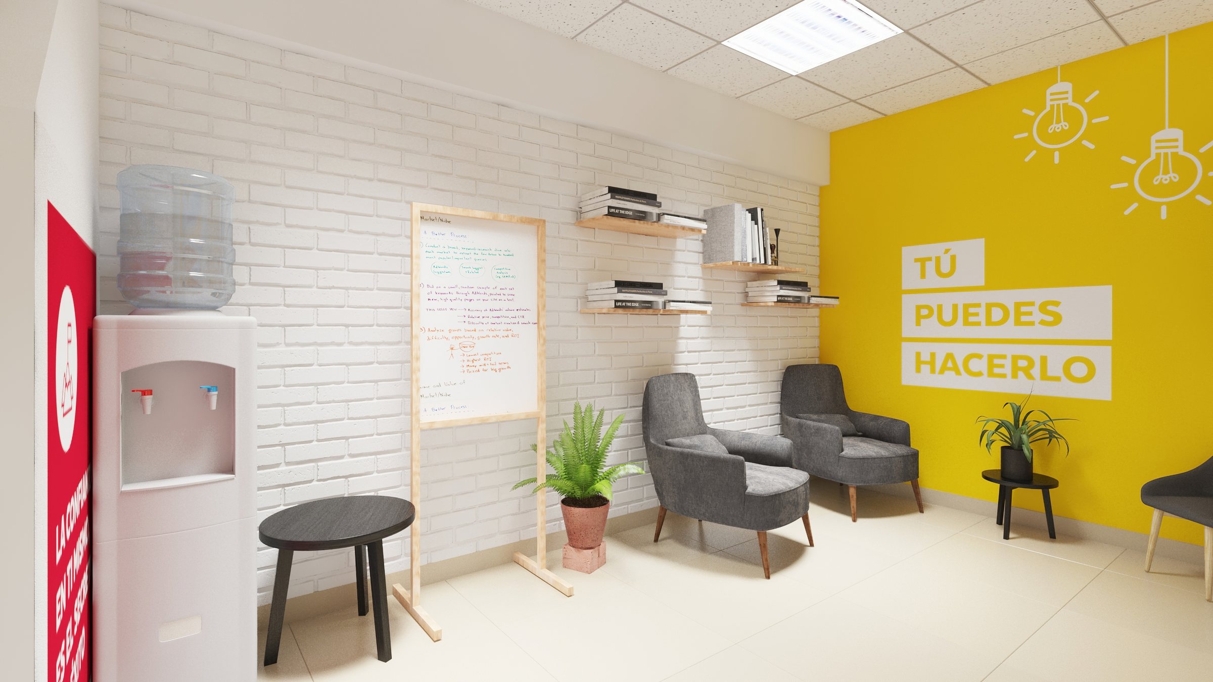 Render de la Sala de Feedback de DHL, con el muro amarillo «Tú puedes hacerlo».