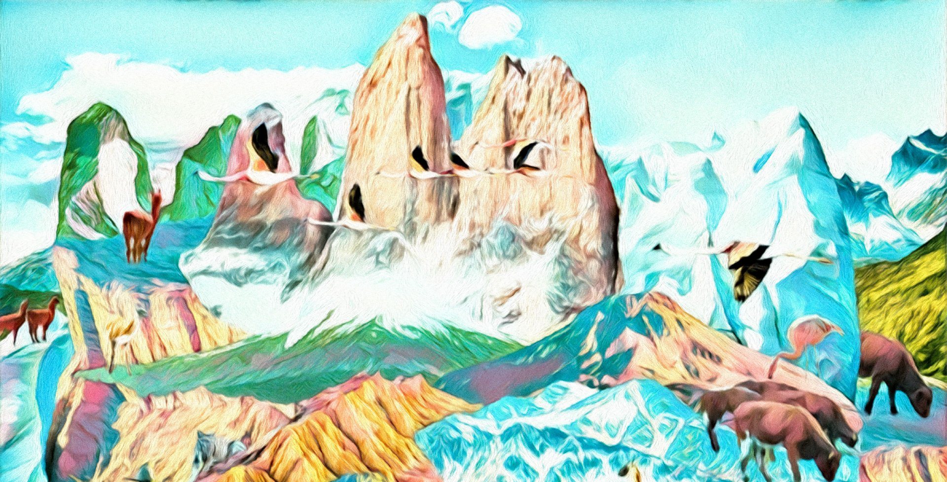 Ilustración del paisaje austral con torres de granito, flamencos y guanacos.