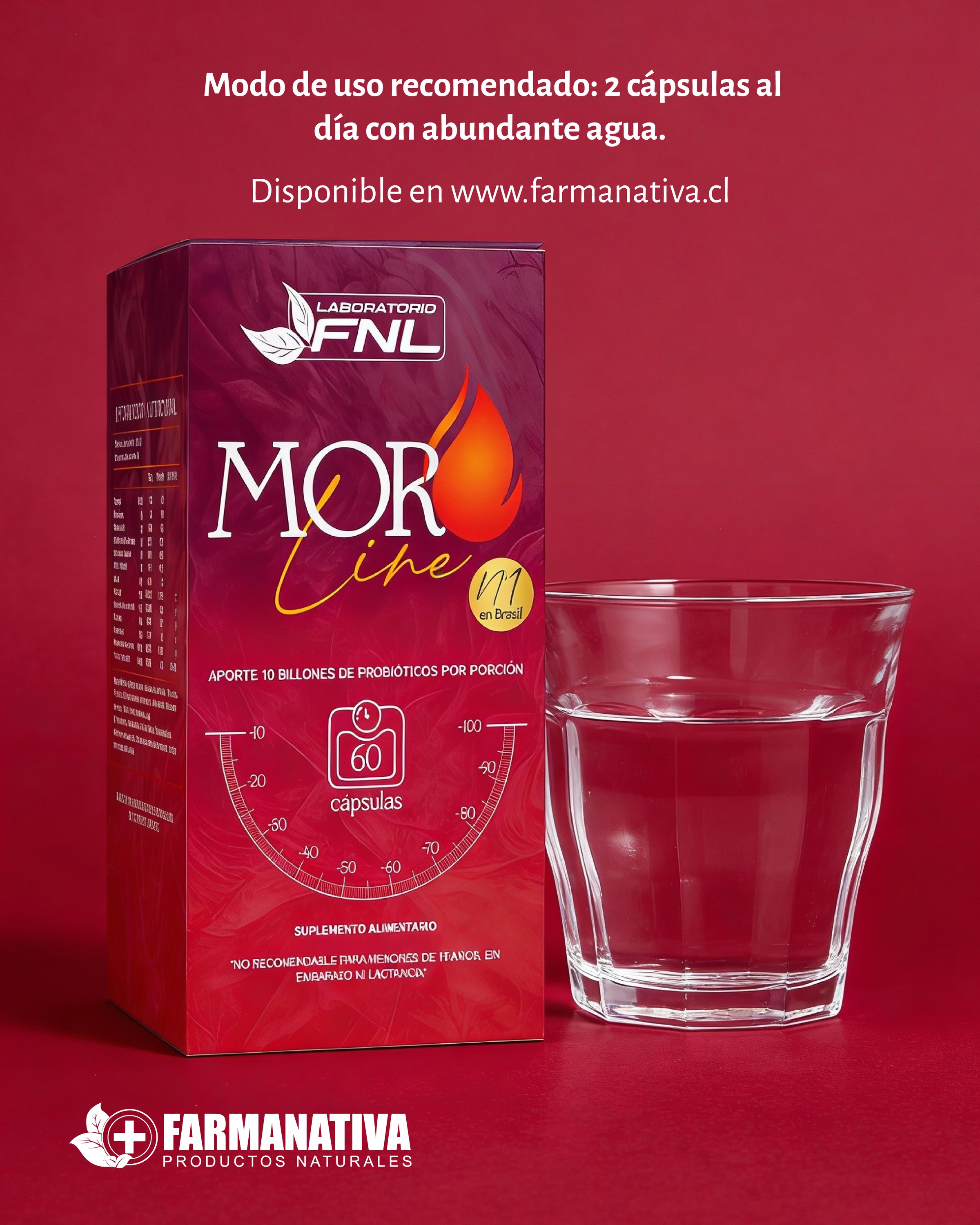 Lámina de Moro Line sobre rojo pleno, caja junto a un vaso de agua.