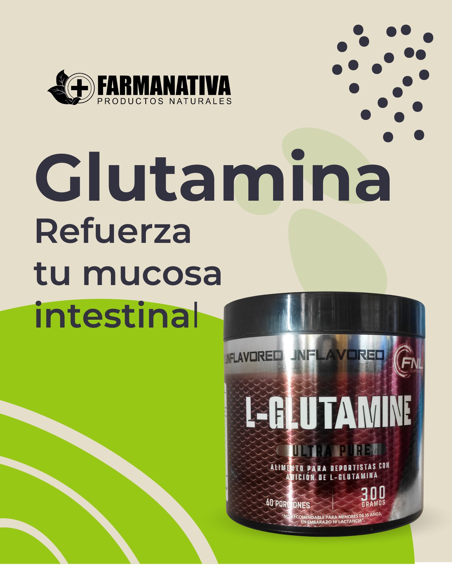 Post «Glutamina, refuerza tu mucosa intestinal» con el tarro de L-Glutamine.