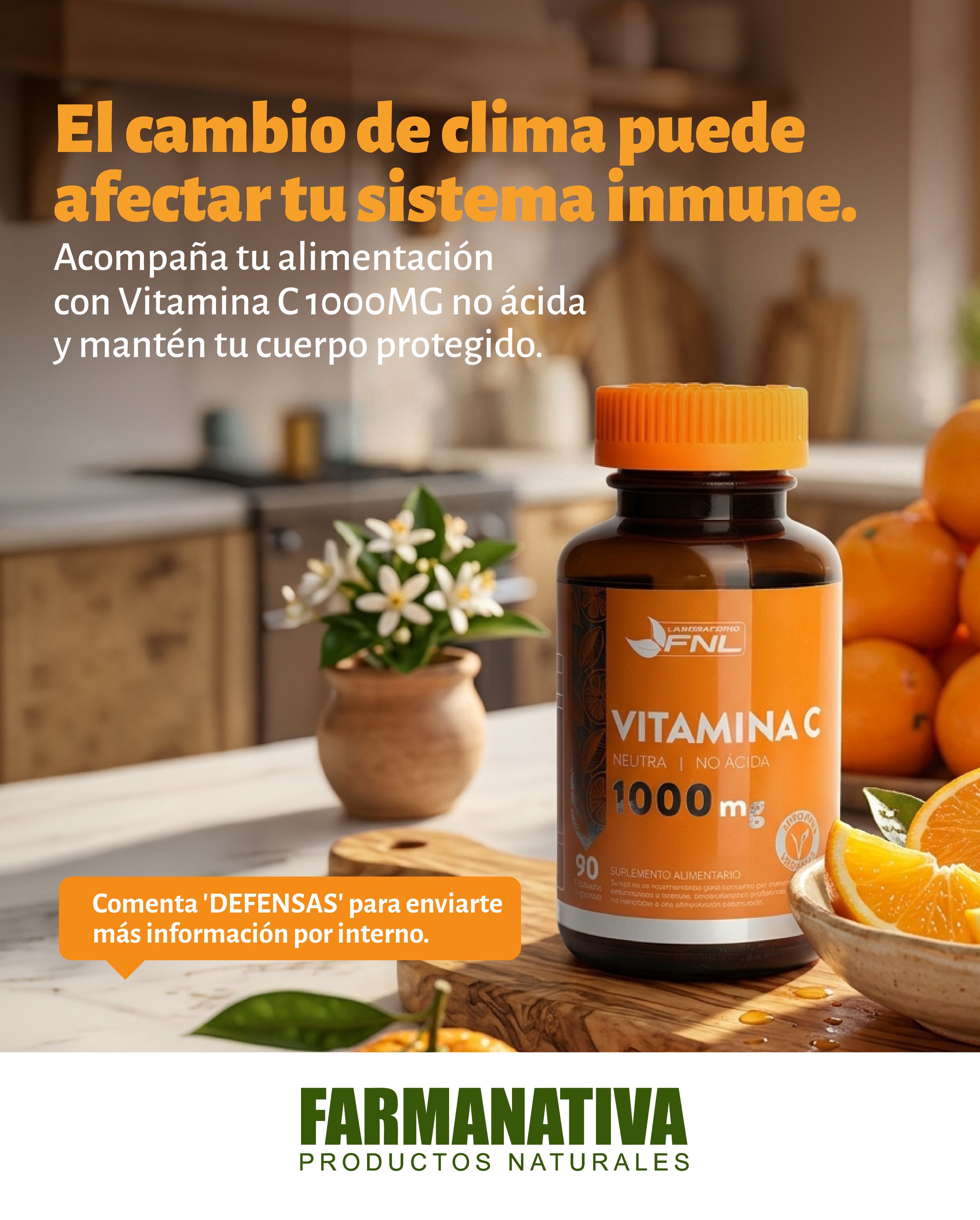 Post «El cambio de clima puede afectar tu sistema inmune» con Vitamina C 1000 mg en una cocina.