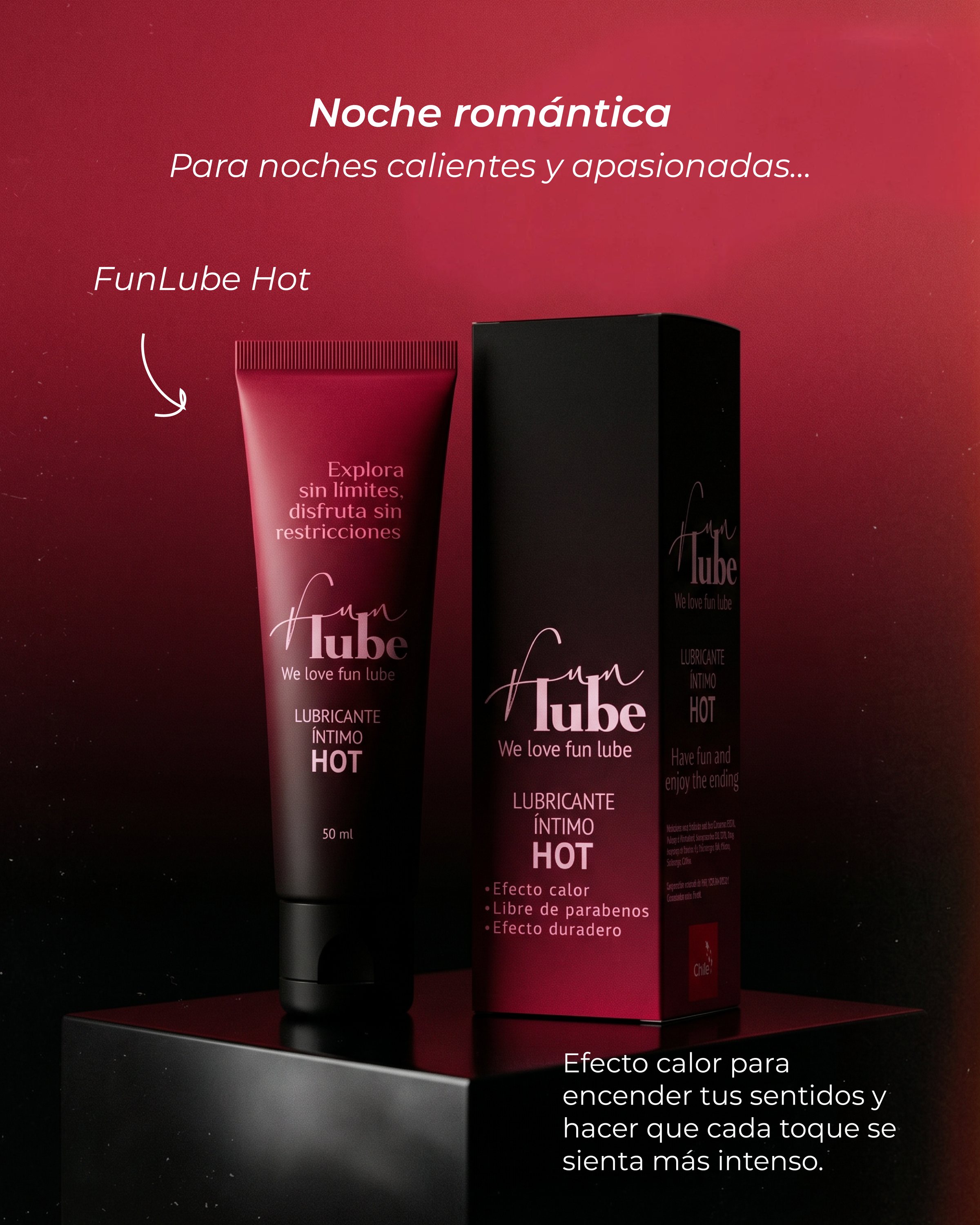 Lámina «Noche romántica» con FunLube Hot sobre un pedestal negro.