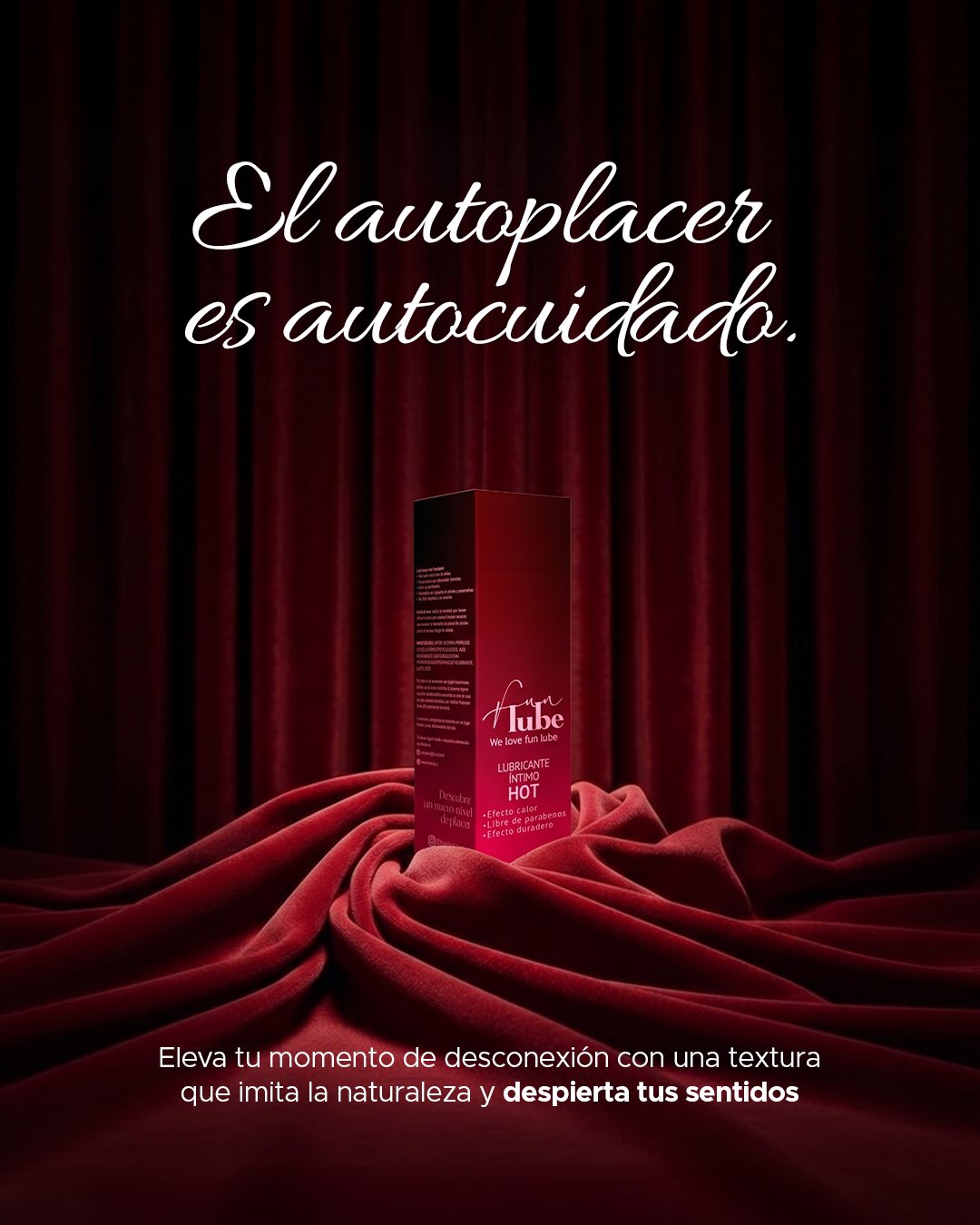 Post «El autoplacer es autocuidado», caja de FunLube Hot sobre terciopelo rojo.