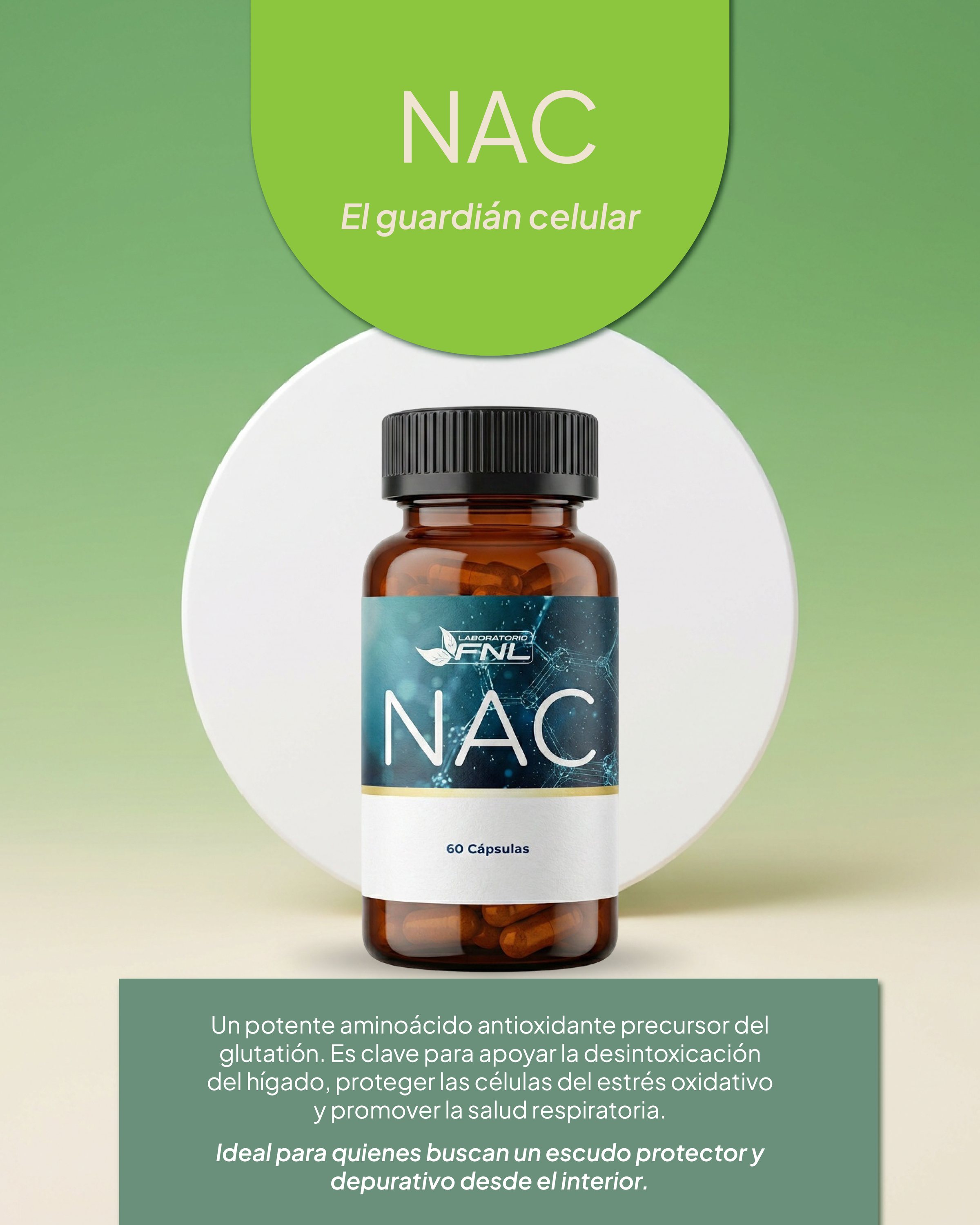 Lámina de carrusel de NAC, «El guardián celular», frasco ámbar sobre verde.