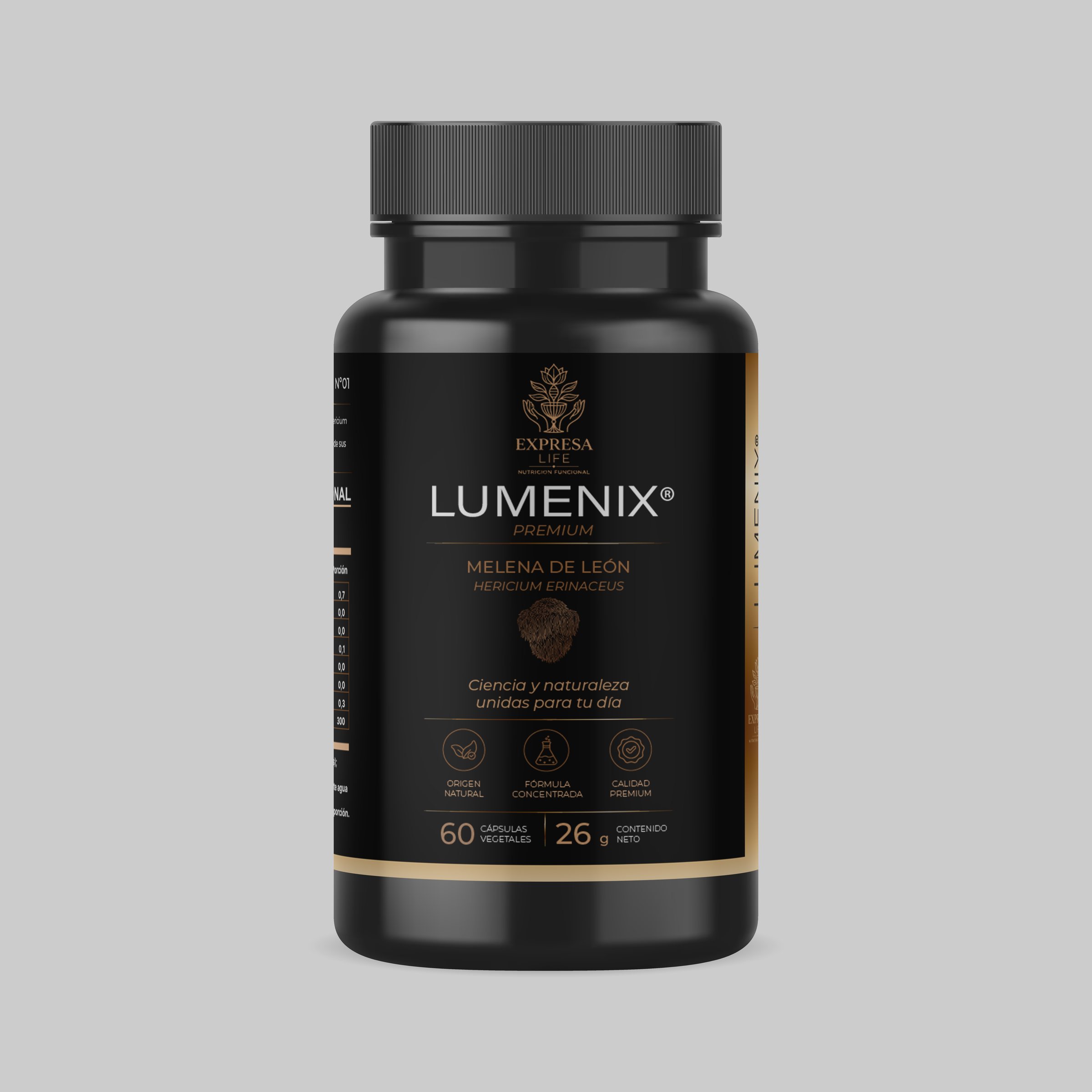 Mockup del frasco Lumenix de Expresa Life, melena de león, etiqueta negra con detalles dorados.