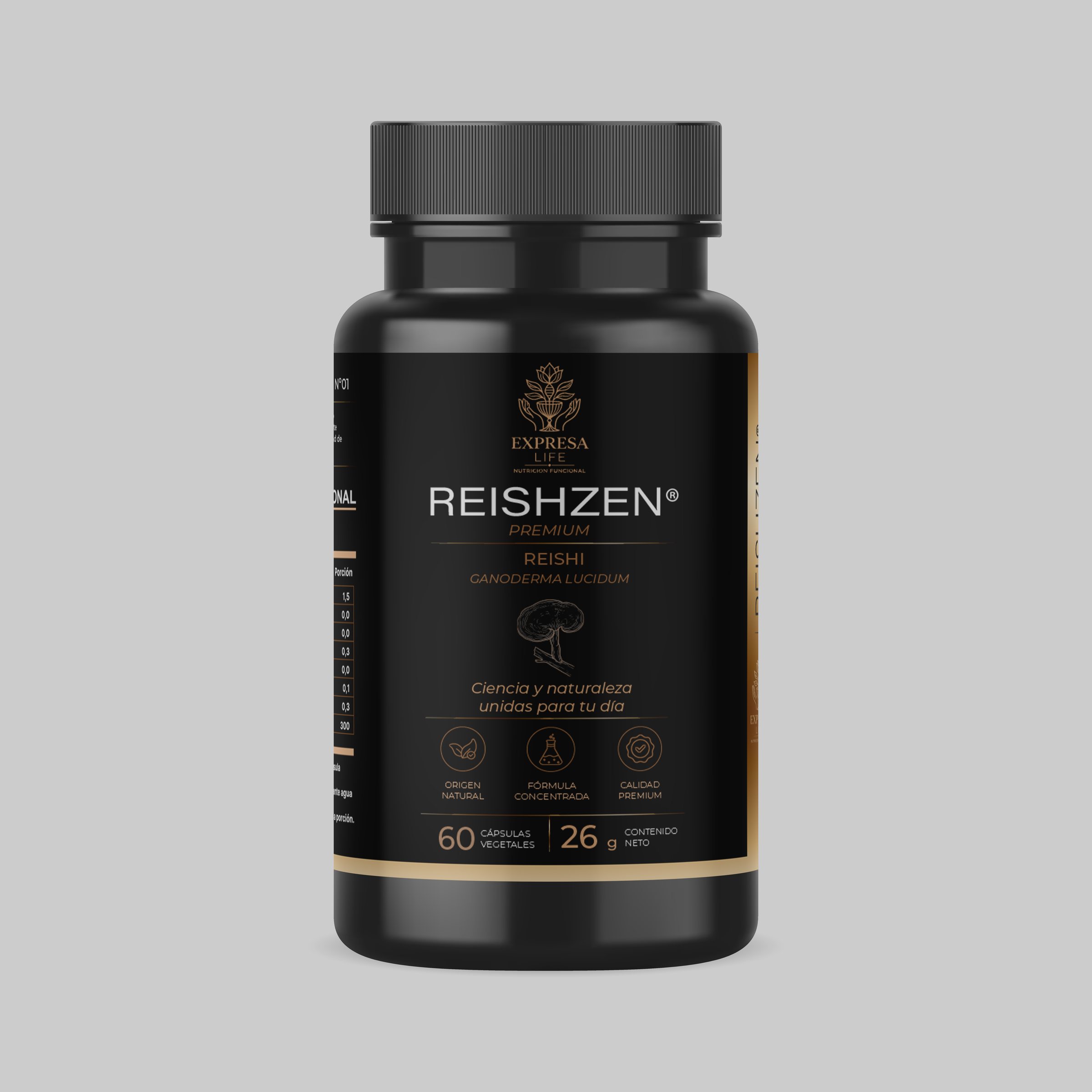 Mockup del frasco Reishizen de Expresa Life, reishi, de la misma línea que Lumenix.