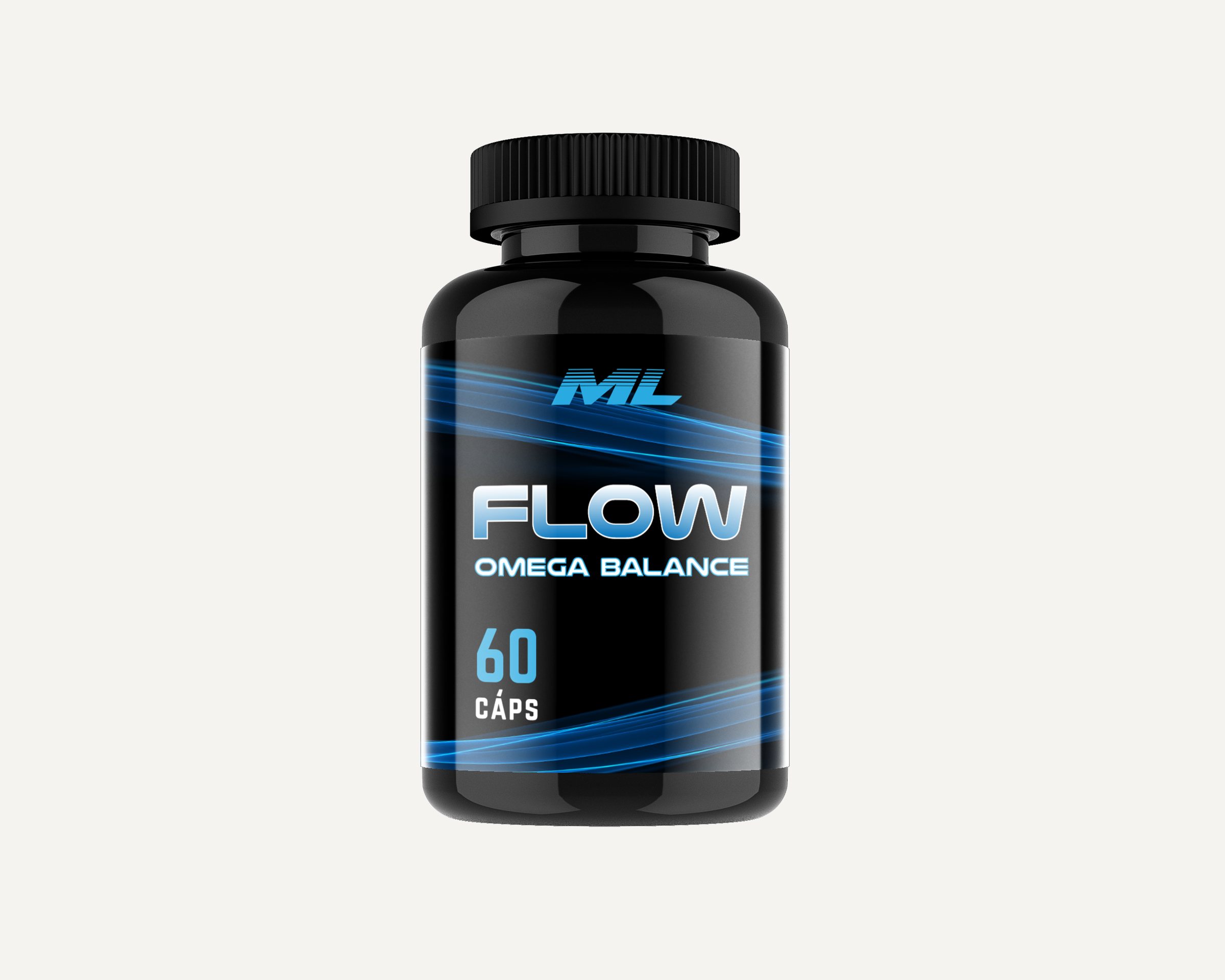 Mockup del frasco Flow Omega Balance de ML Fitness, en negro y azul eléctrico.