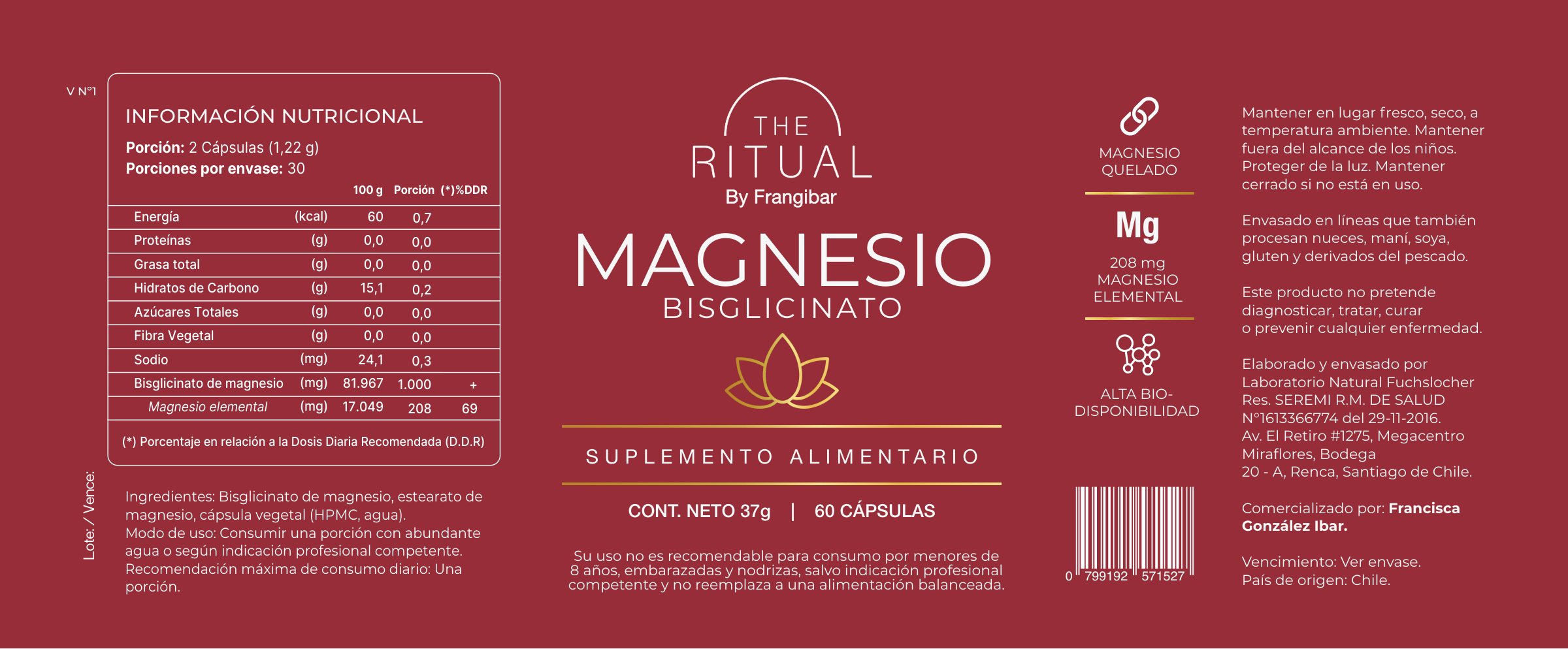 Etiqueta plana de Magnesio bisglicinato de The Ritual, en burdeo con letras doradas.