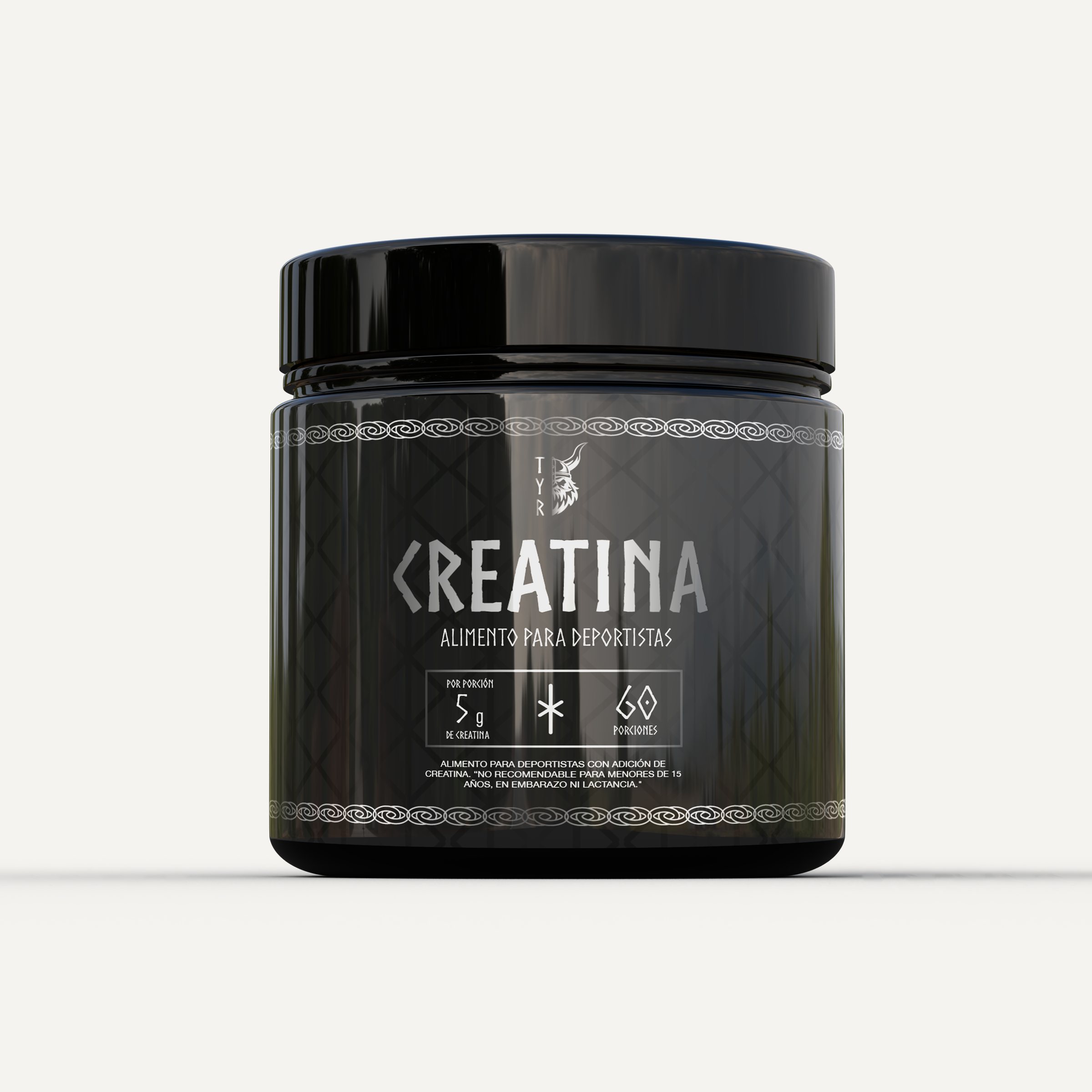 Mockup del pote de creatina de TYR Labs, negro con guardas plateadas.