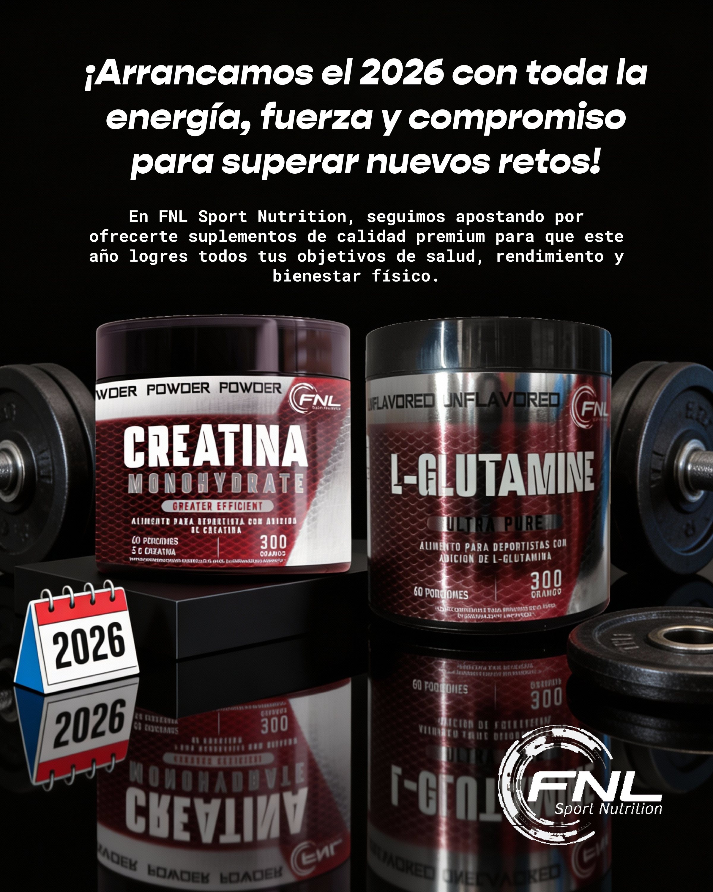 Post de inicio de 2026 con creatina y L-glutamina entre pesas.