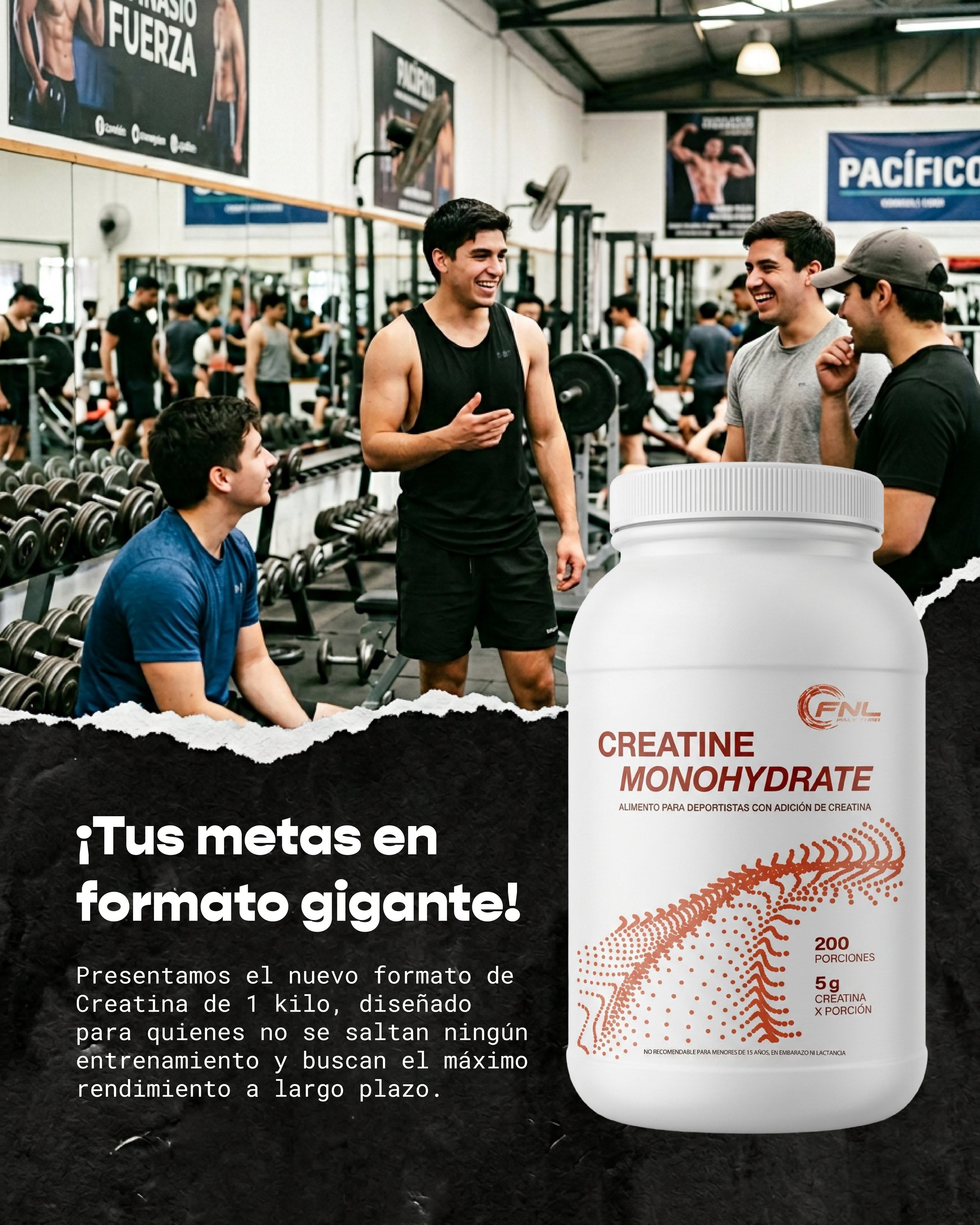 Post «¡Tus metas en formato gigante!»: el tarro de 1 kg de creatina frente a un grupo de amigos en el gimnasio.