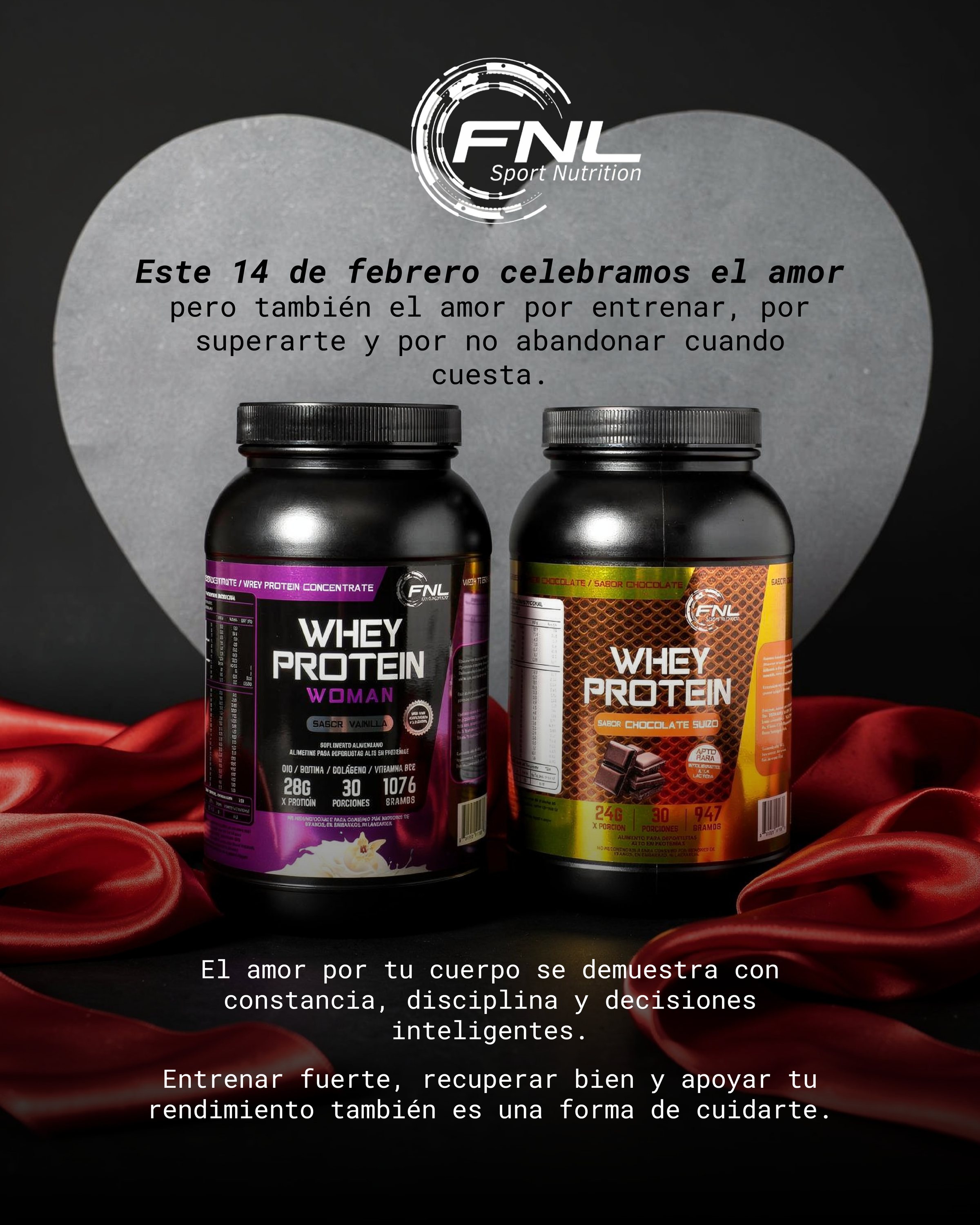 Post de San Valentín con Whey Protein y Whey Woman sobre un corazón gris.