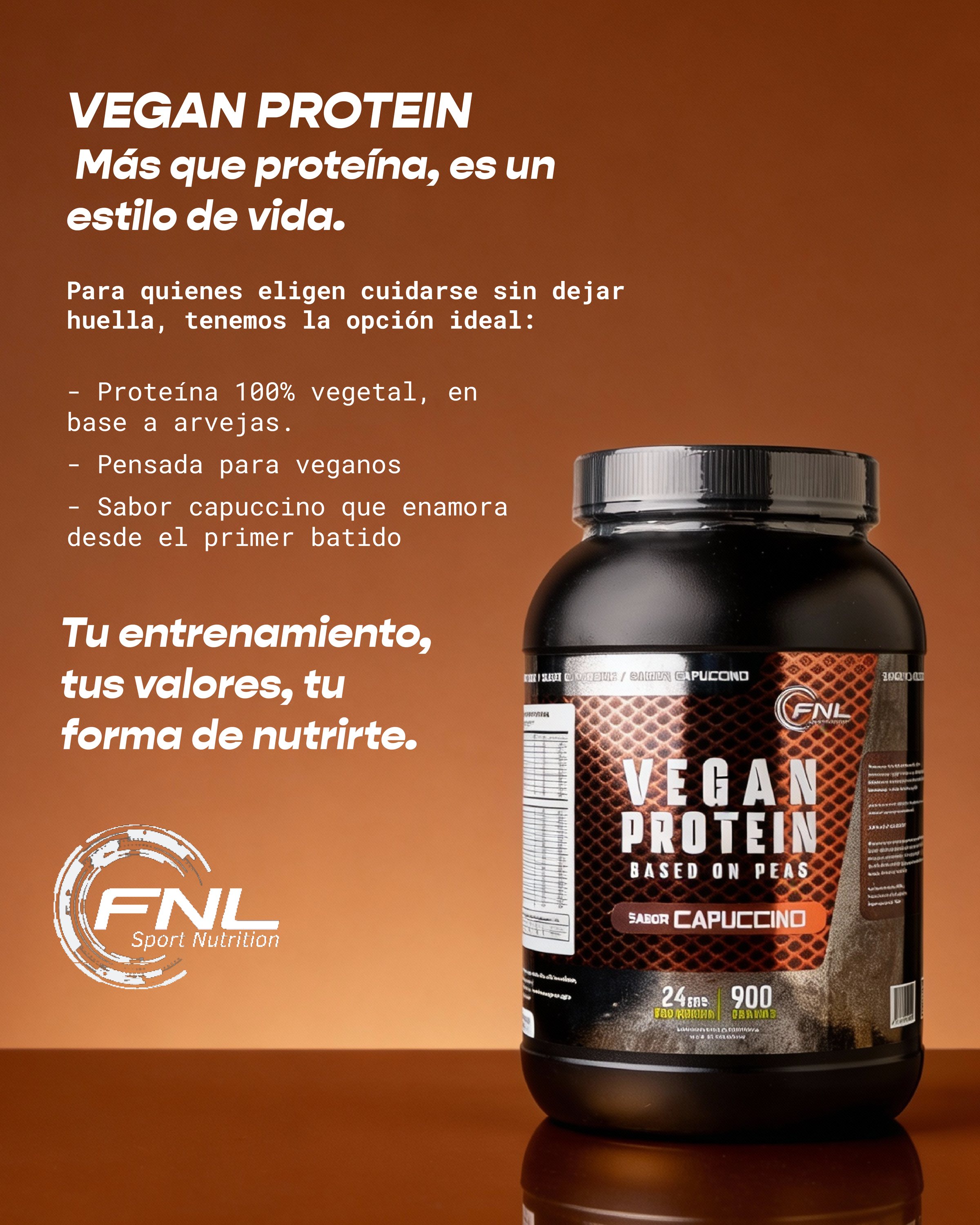Post de Vegan Protein sobre fondo cobre.