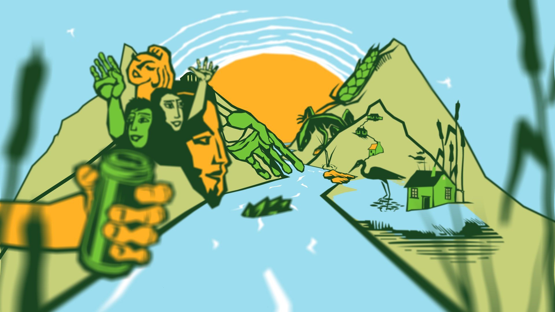 Paisaje ilustrado de la Hazy Lager: la cuenca del río Elqui con el sol.