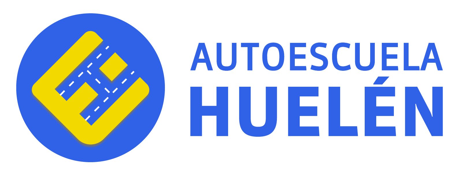 Logotipo de Autoescuela Huelén: la H de calles en un disco azul y amarillo.