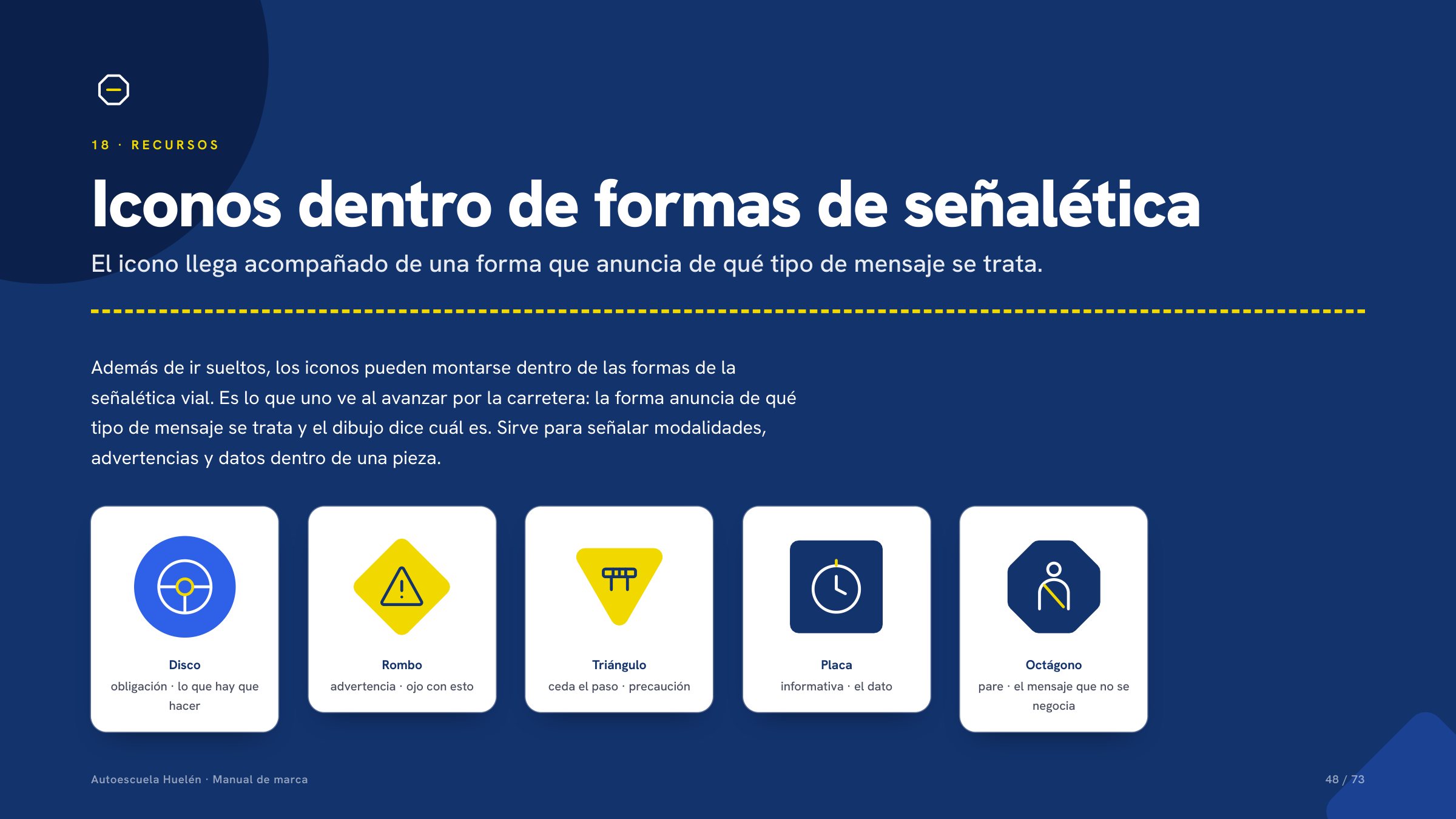 Lámina del manual de Huelén: íconos dentro de formas de señalética vial sobre azul profundo.