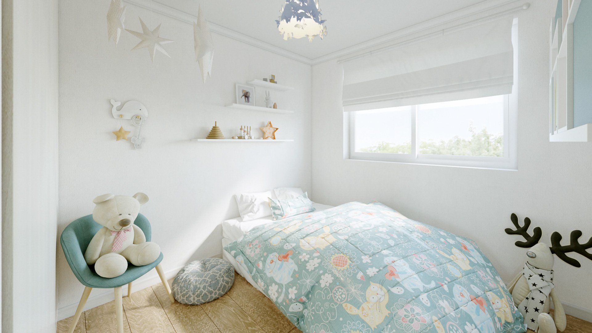Render del dormitorio de niños.