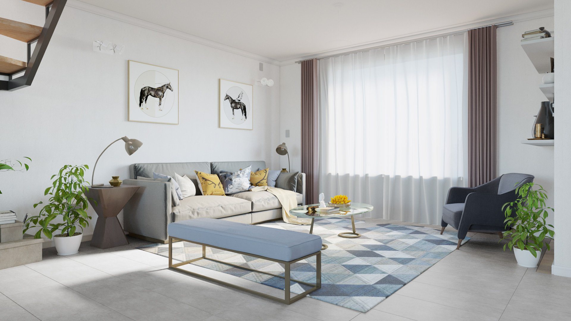Render de un living luminoso con sofá, alfombra y cortinas.
