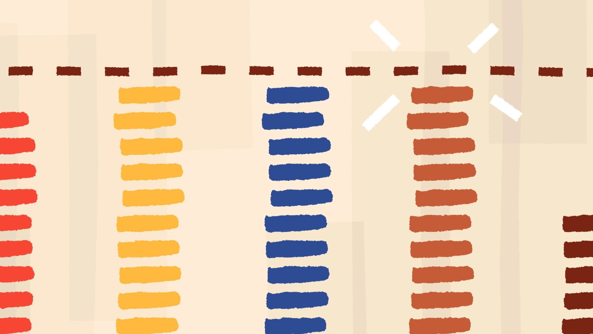 Ilustración: columnas de trazos rojos, amarillos, azules y cafés bajo una línea punteada.