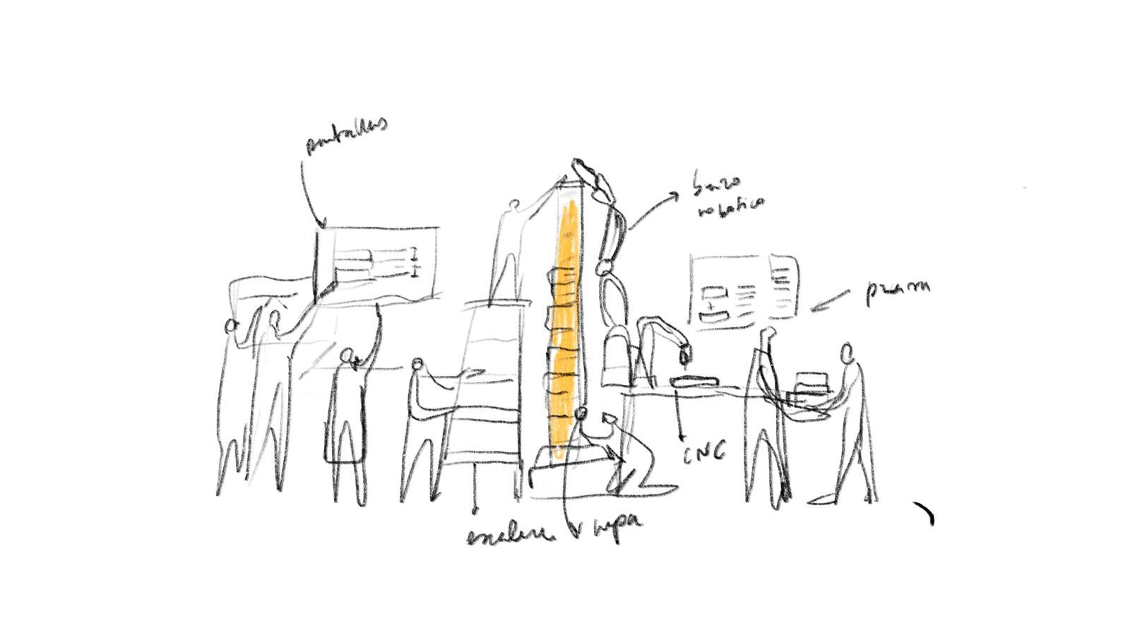 Boceto de la escena que resuelve el conflicto: un equipo trabaja junto alrededor de una torre.