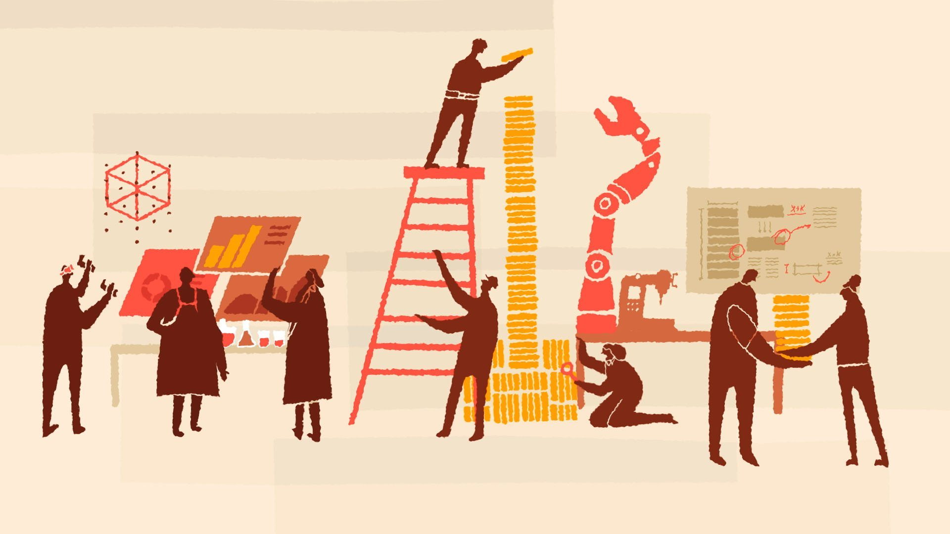 Ilustración: un equipo trabaja junto alrededor de una torre de datos, con escalera y brazo robótico.
