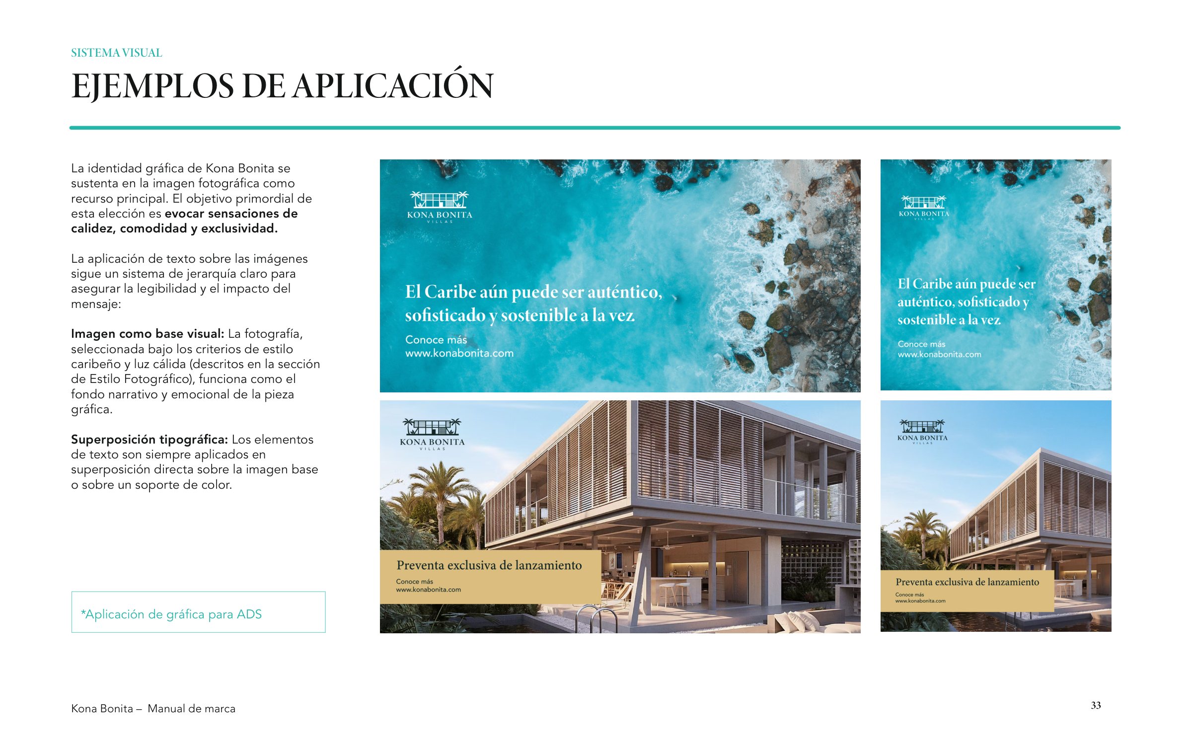 Avisos digitales de Kona Bonita: mar turquesa visto desde arriba y la villa con la franja arena de preventa.