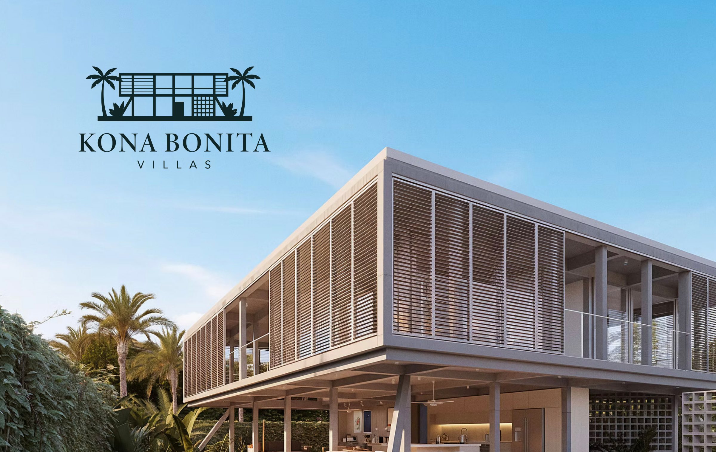 Portada del manual de Kona Bonita: el logotipo sobre el cielo, junto a la villa de quiebravistas.