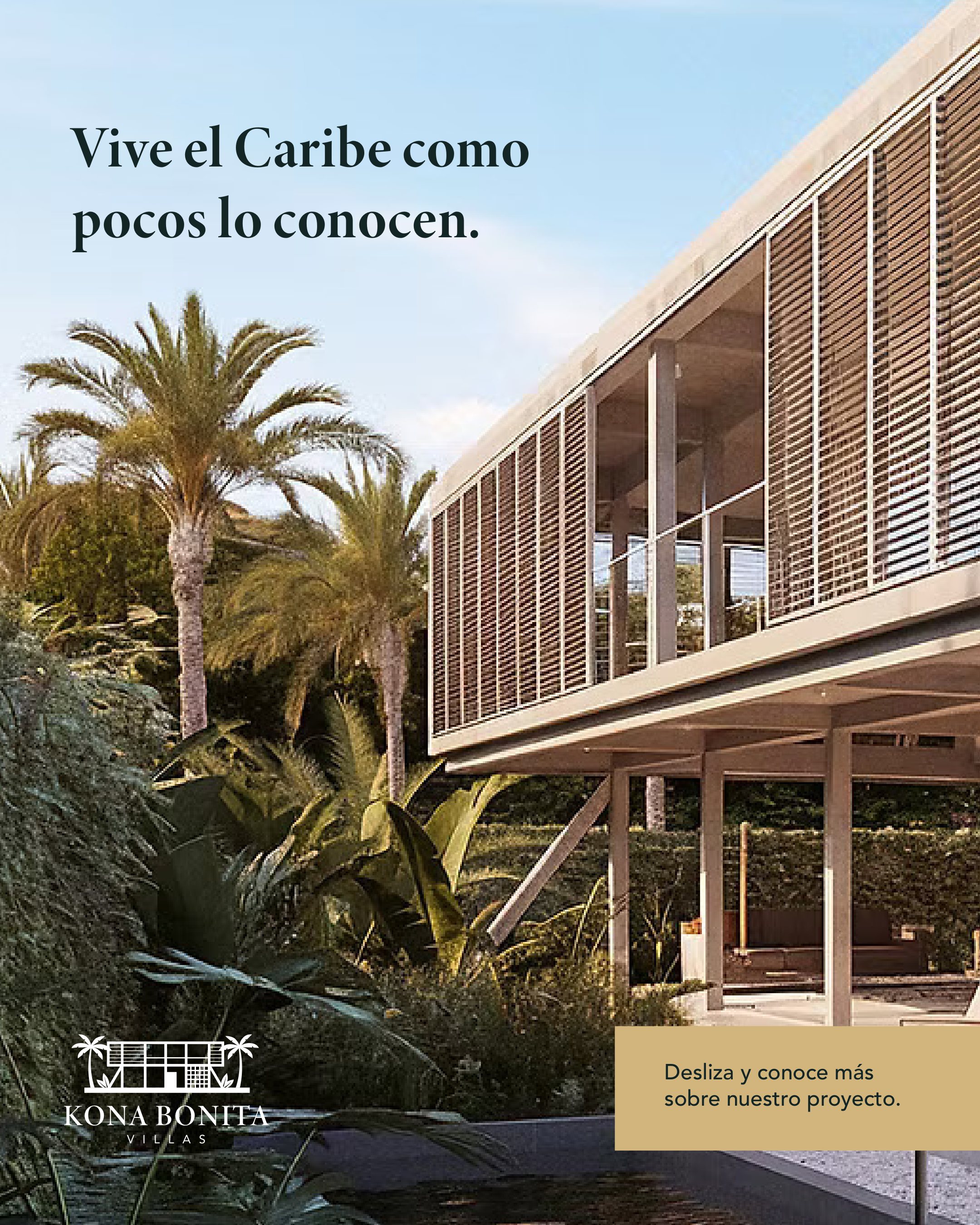 Post de Kona Bonita: «Vive el Caribe como pocos lo conocen» junto a la villa de quiebravistas entre palmeras.