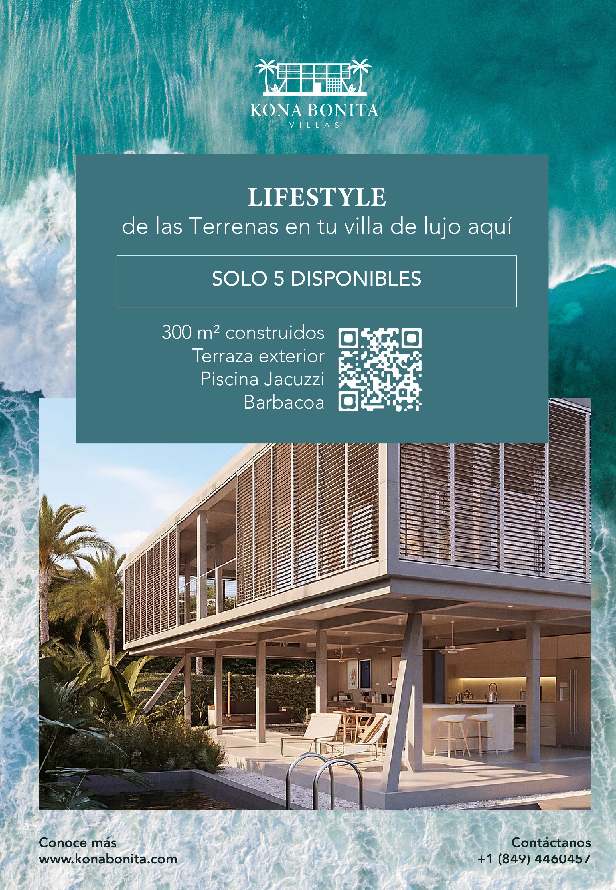Post de preventa de Kona Bonita: «Solo 5 disponibles», con las características de la villa sobre el mar turquesa.