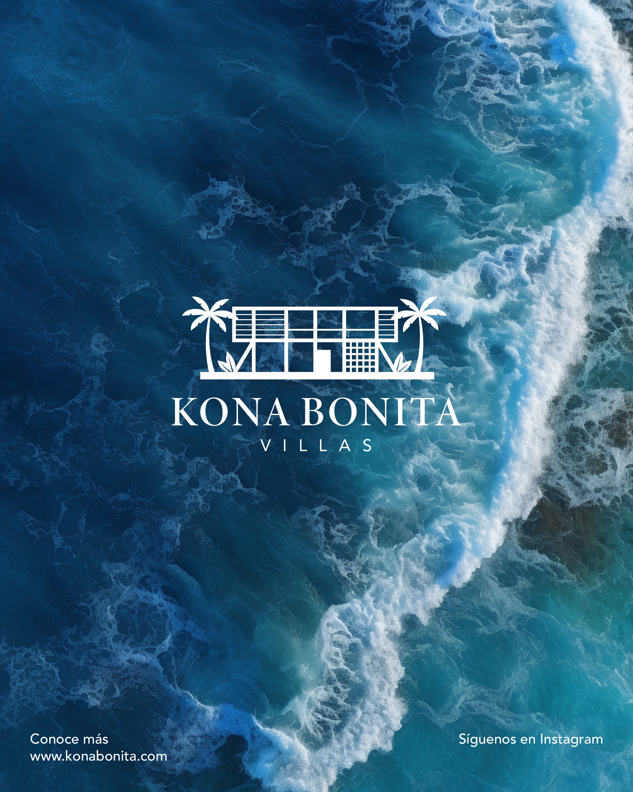 Post de Kona Bonita: el imagotipo en blanco sobre el mar visto desde arriba.