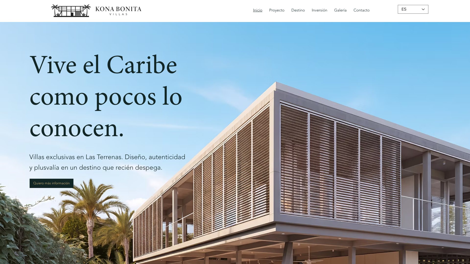 Inicio de konabonita.com: el titular «Vive el Caribe como pocos lo conocen» junto a la villa.