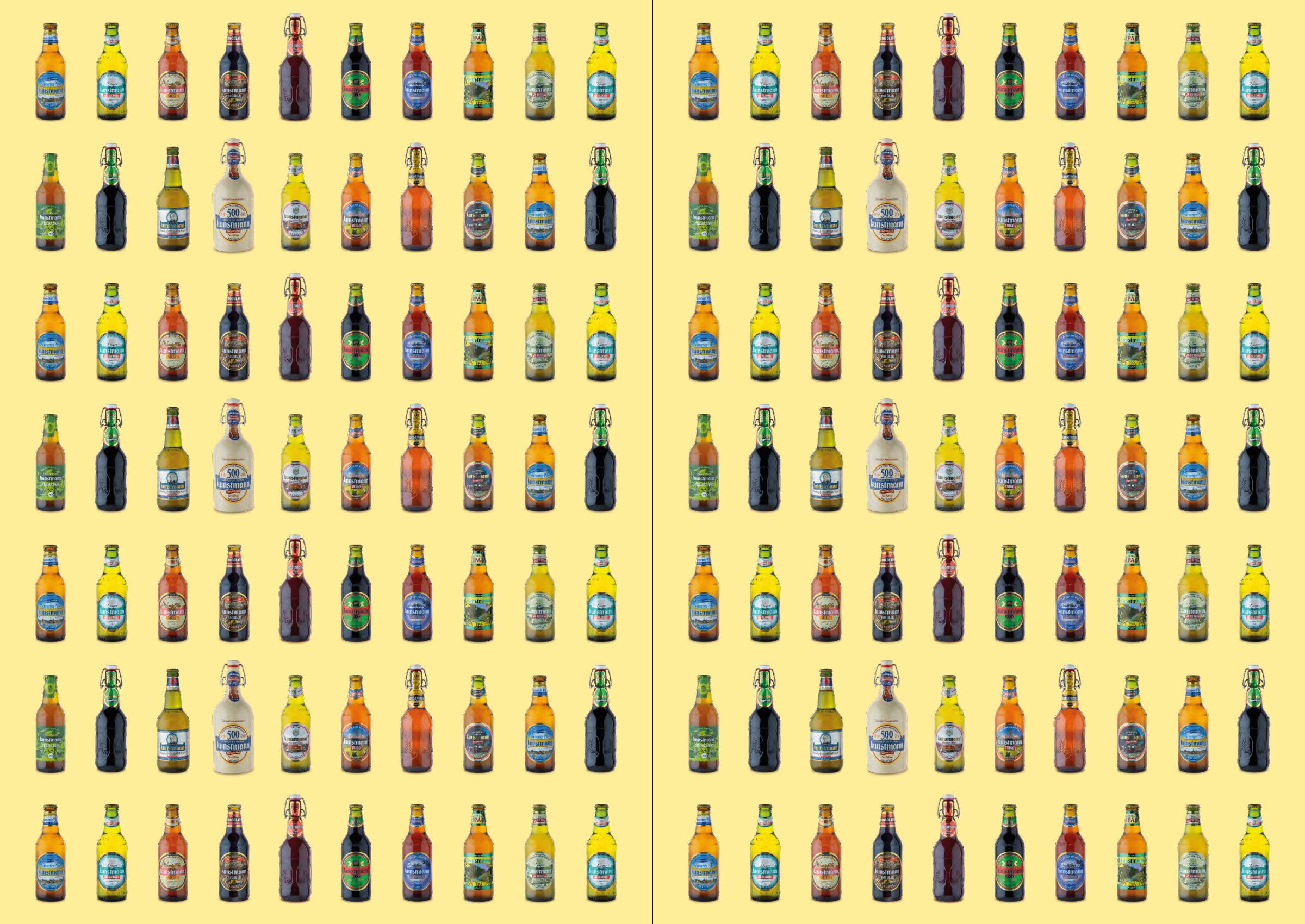Doble página amarilla con una trama de botellas de todas las cervezas Kunstmann.