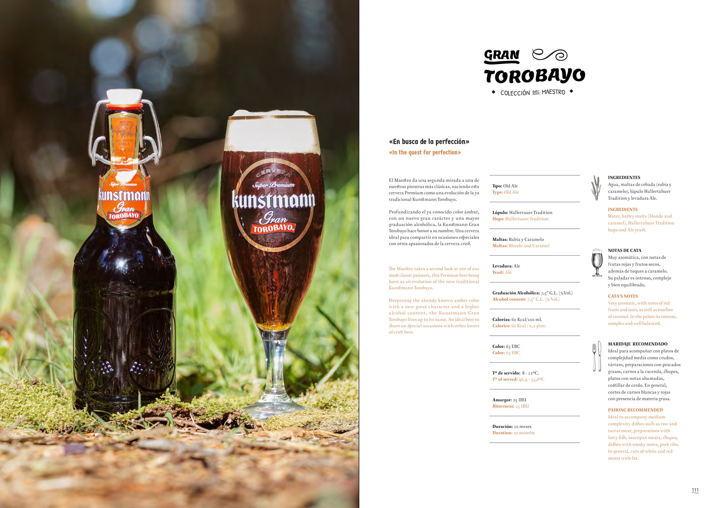 Doble página de la Gran Torobayo: la botella con tapa mecánica y su copa en el bosque, con su lettering y su ficha.