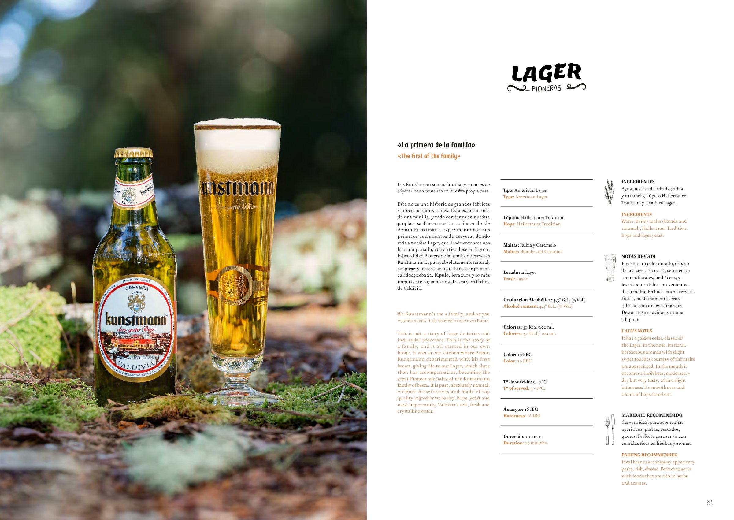 Doble página de la Kunstmann Lager: la botella y el vaso entre musgo, con su lettering y su ficha.