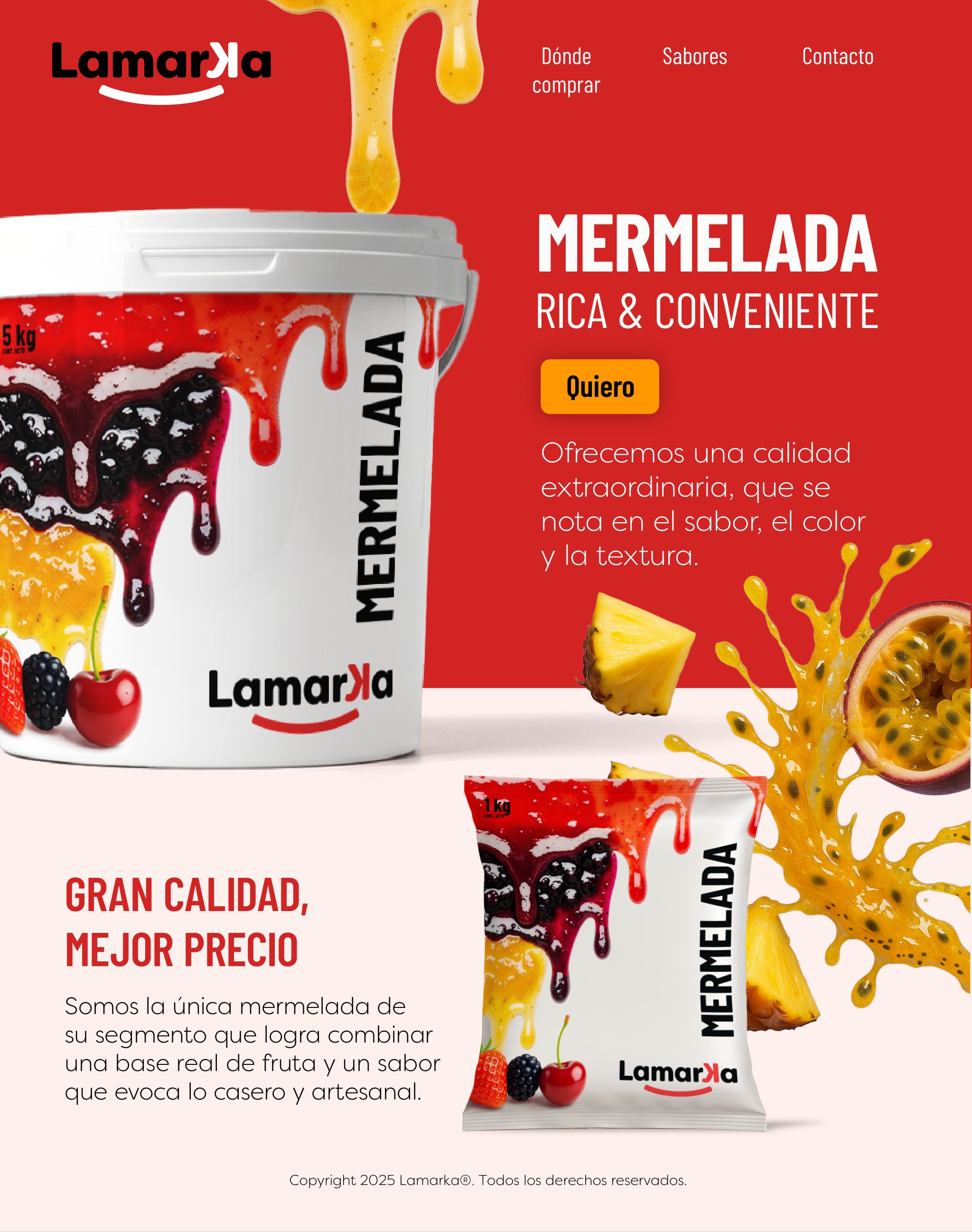 Maqueta de landing de Lamarka: «Mermelada rica & conveniente» sobre rojo, con el balde, el pouch y fruta que salpica.
