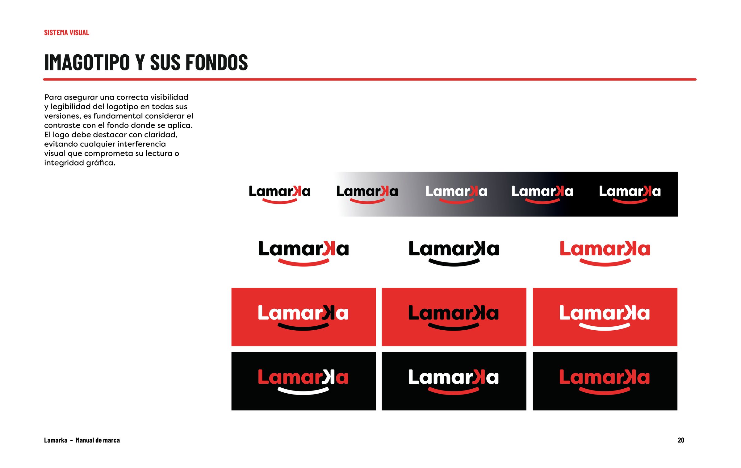 Lámina del manual con el logotipo Lamarka sobre fondos blancos, rojos y negros.