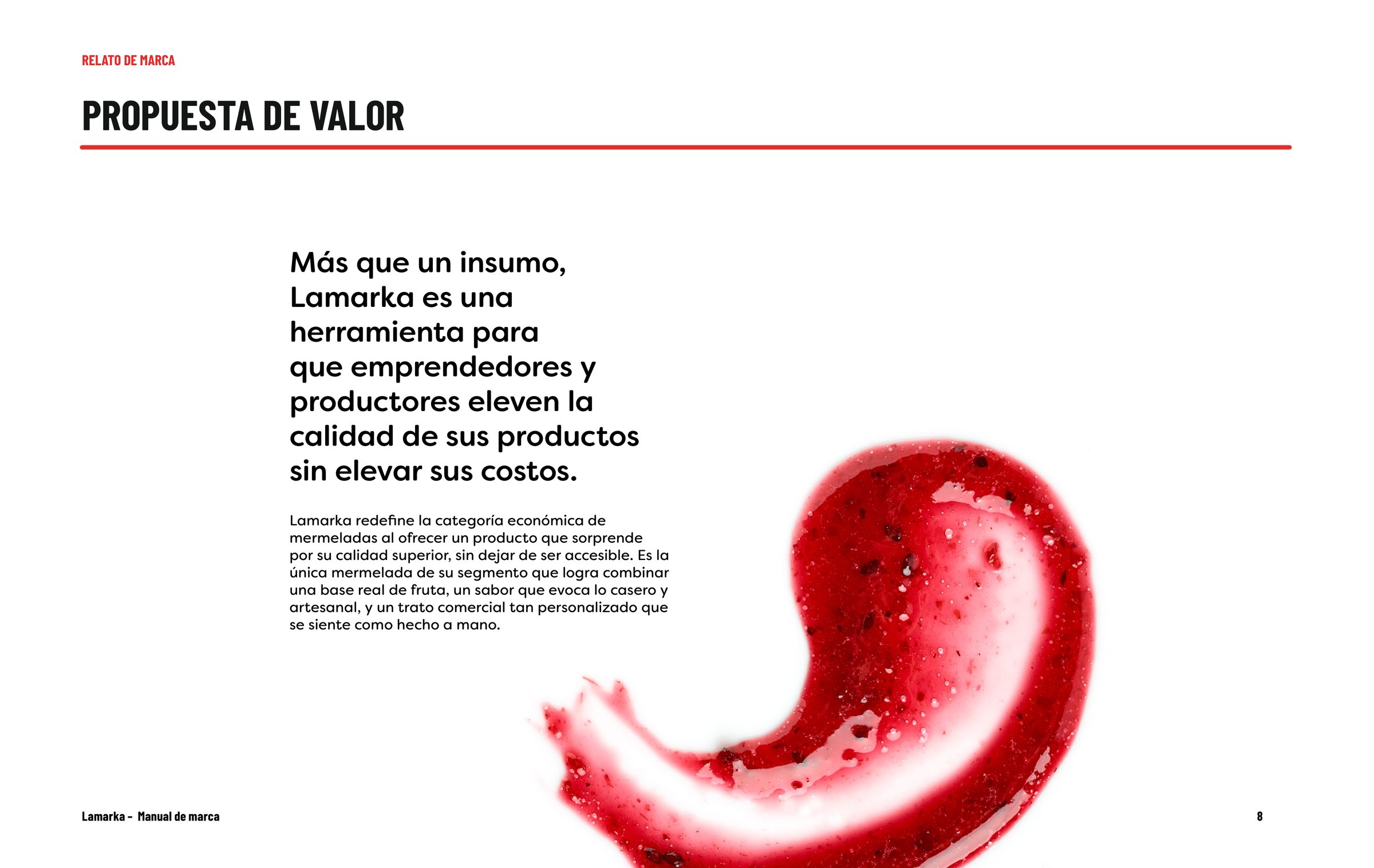 Lámina del manual con la propuesta de valor de Lamarka y una cucharada de mermelada roja.