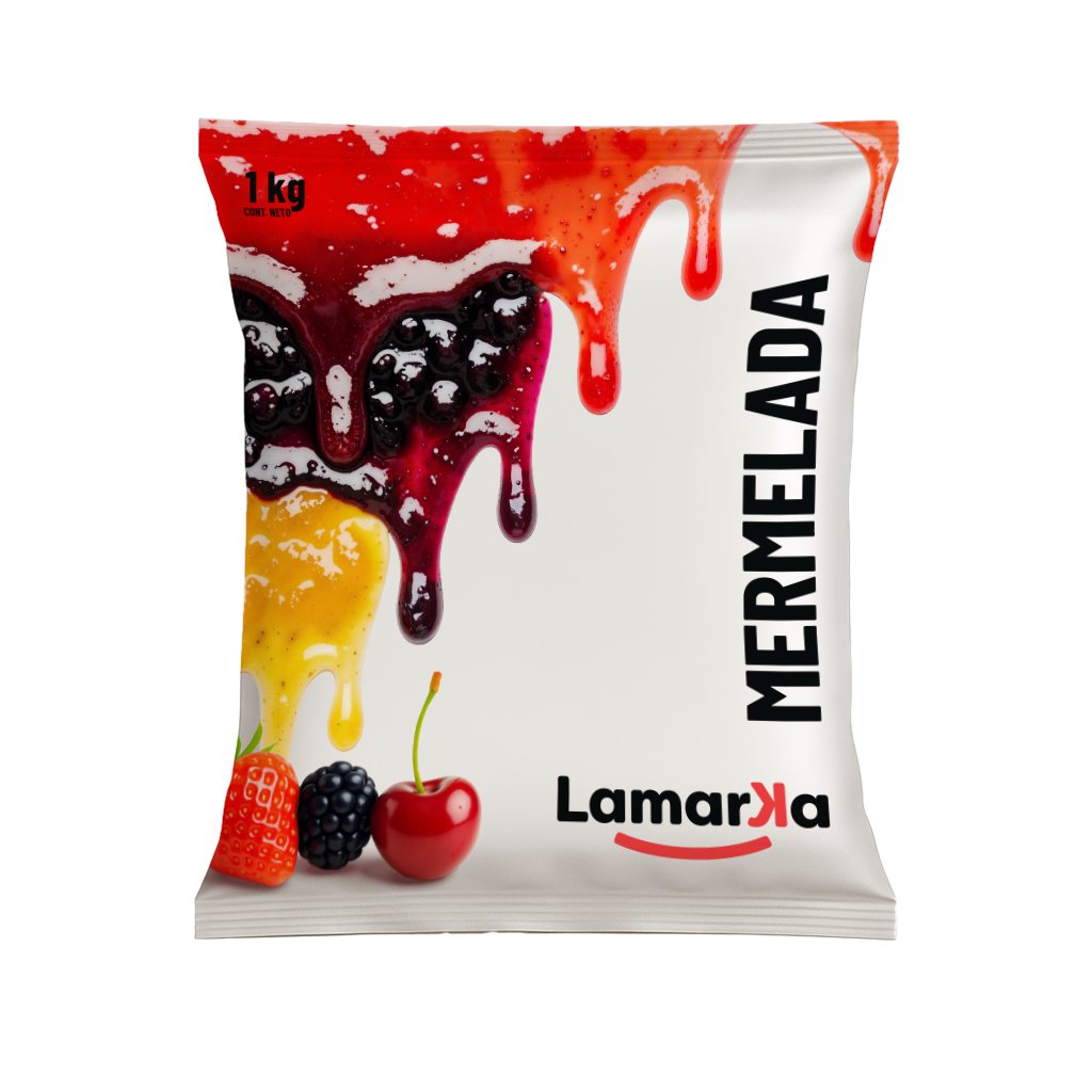 Maqueta del pouch de 1 kg de Lamarka con el chorreado y el logotipo abajo.