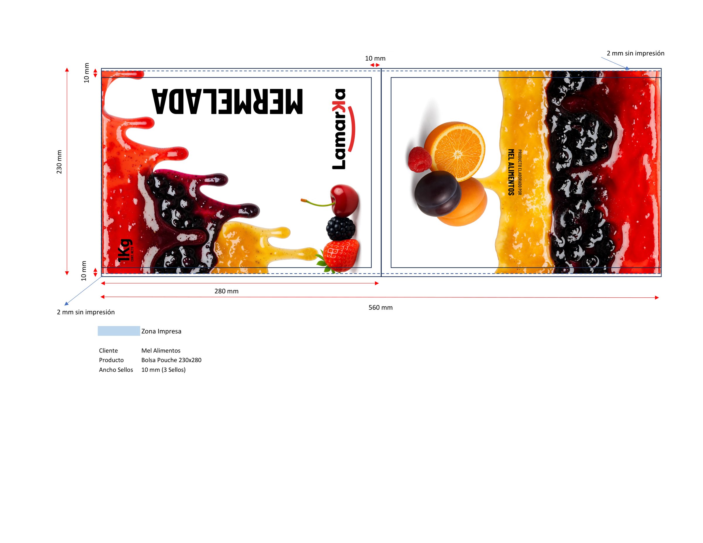 Plano de imprenta del pouch de 230 × 280 mm, con cotas, sellos y zona impresa.