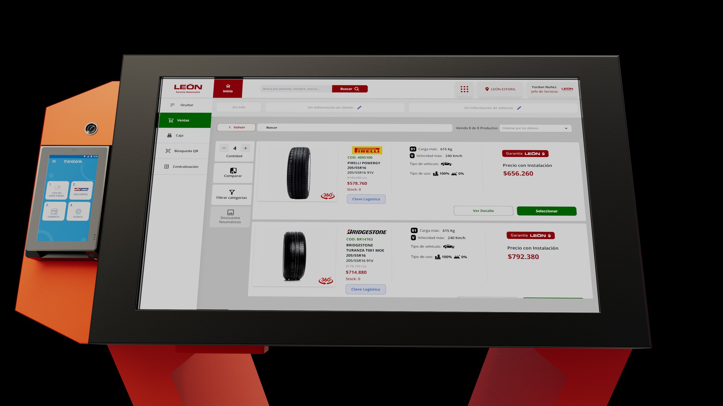 Render de la cabeza del tótem: la pantalla con el sistema de León y el terminal de pago al costado.