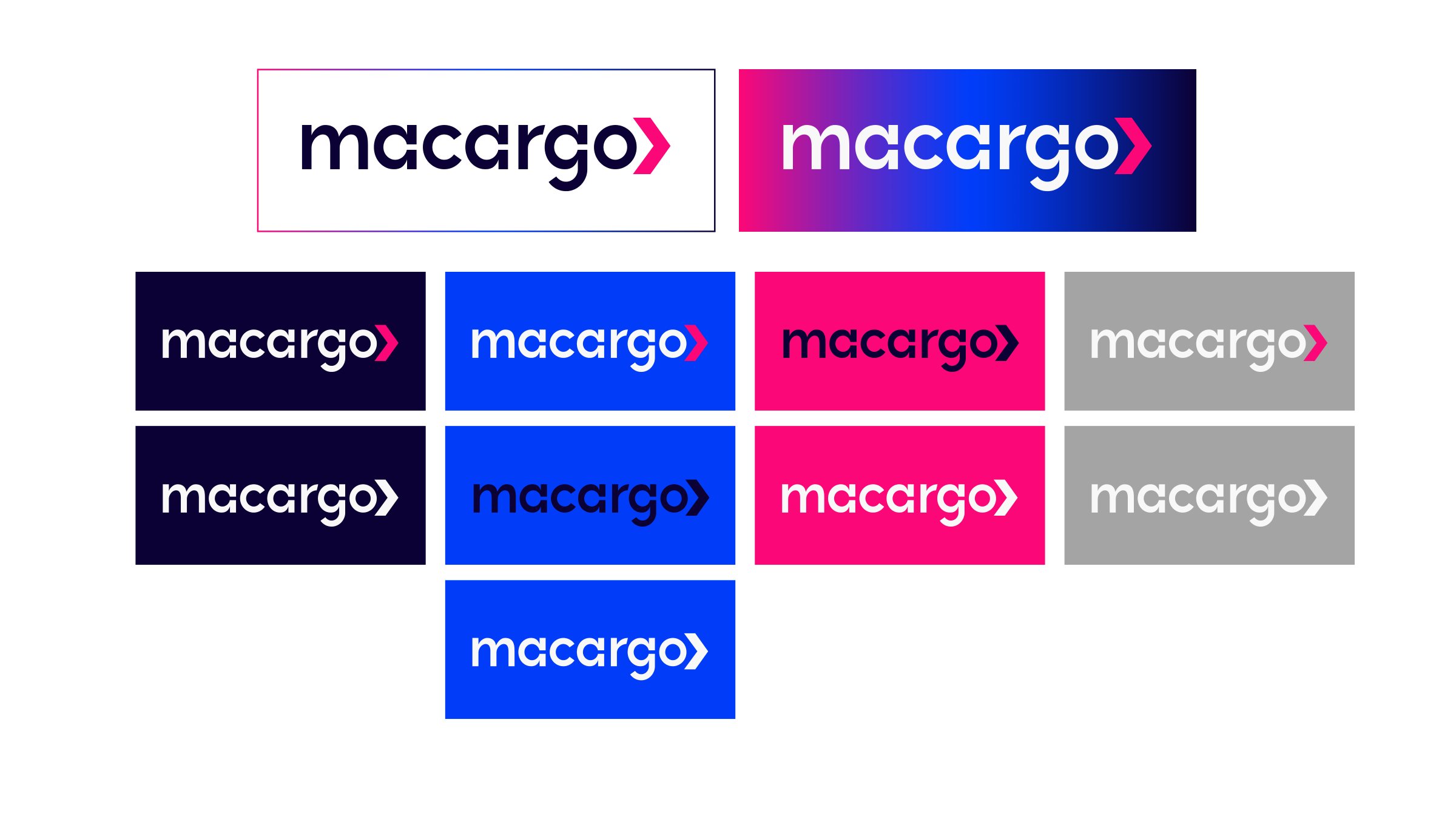 Versiones de color del logotipo de Macargo sobre fondos blancos, azules, magenta y grises.