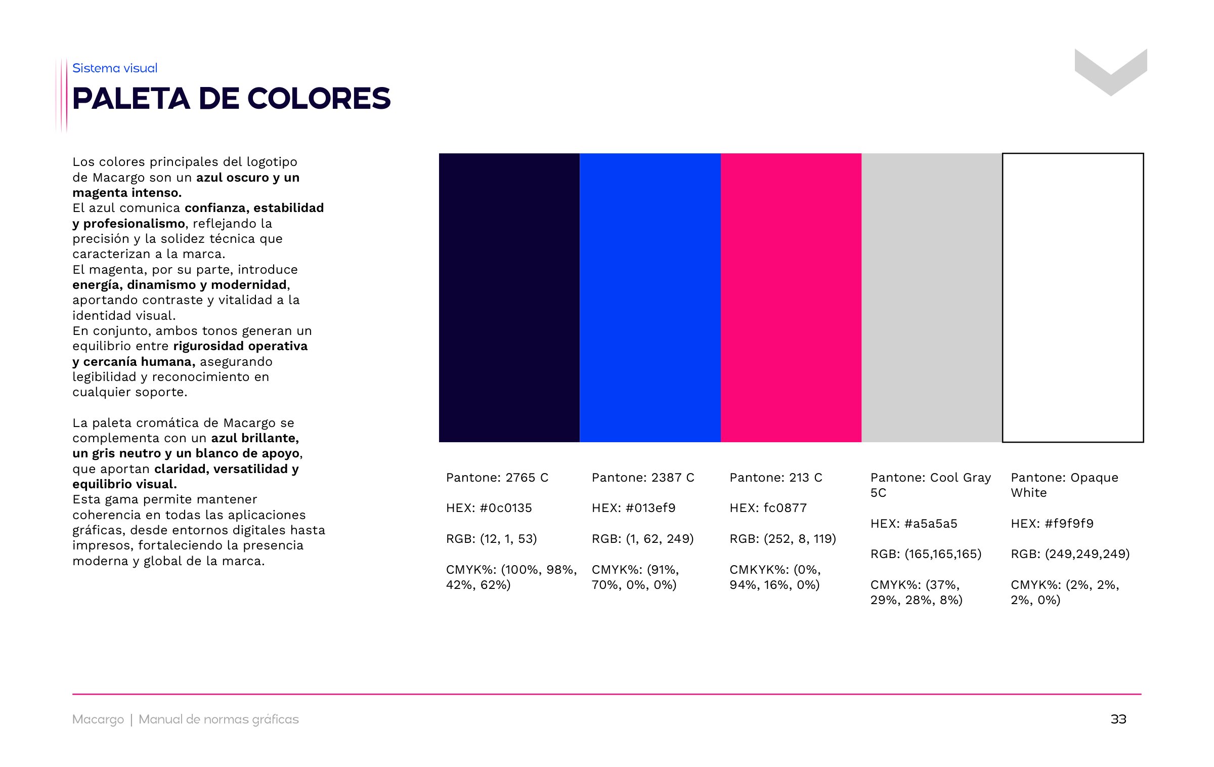 Lámina del manual: la paleta de colores de Macargo con sus códigos.