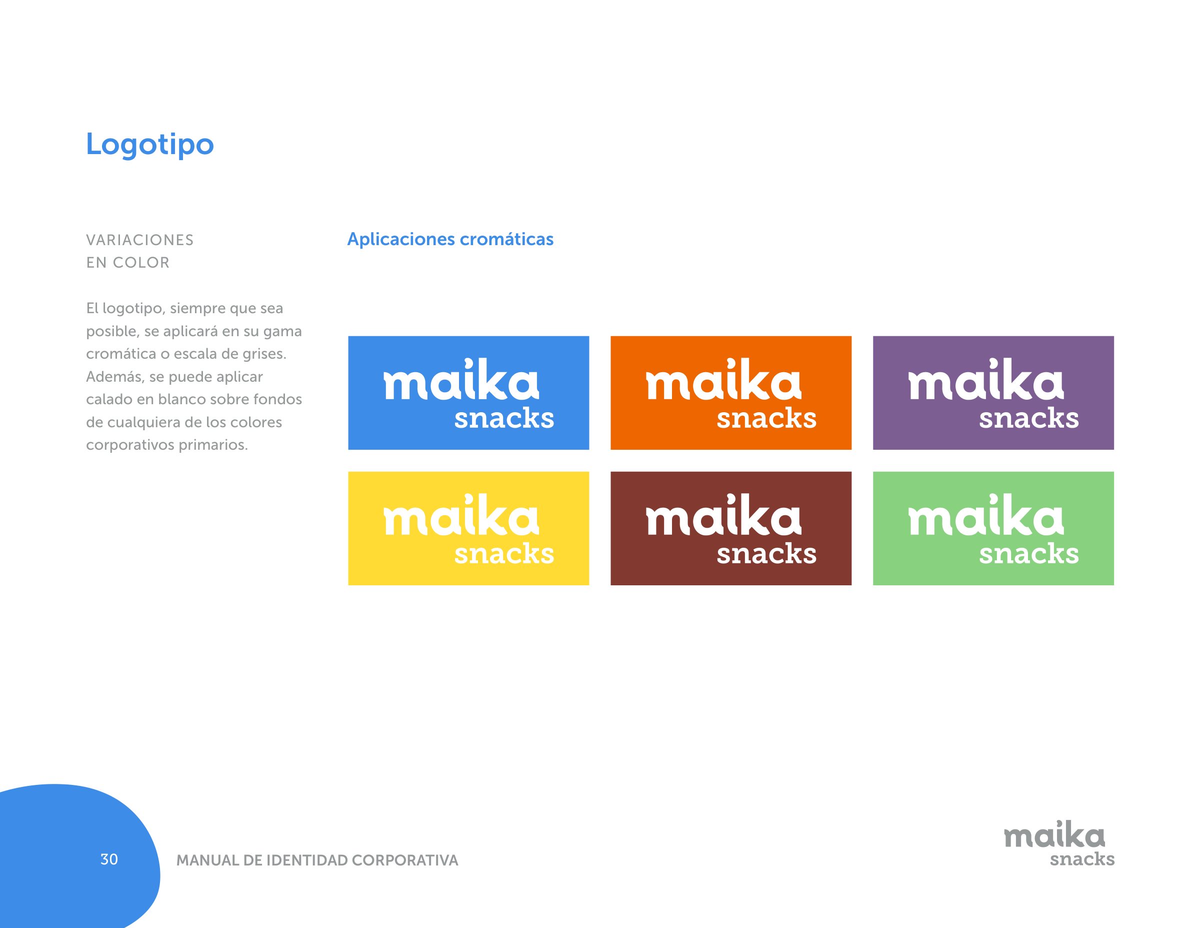 Logotipo Maika calado en blanco sobre azul, naranja, violeta, amarillo, café y verde.