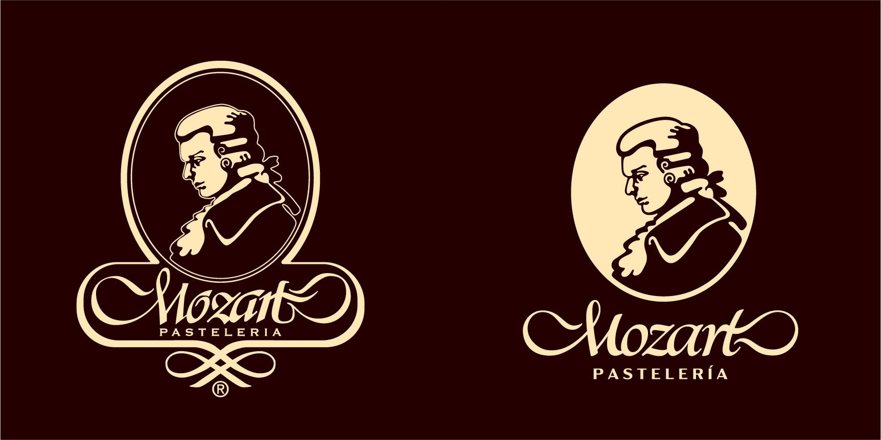Imagotipo anterior y rediseñado de Mozart, en crema sobre marrón.