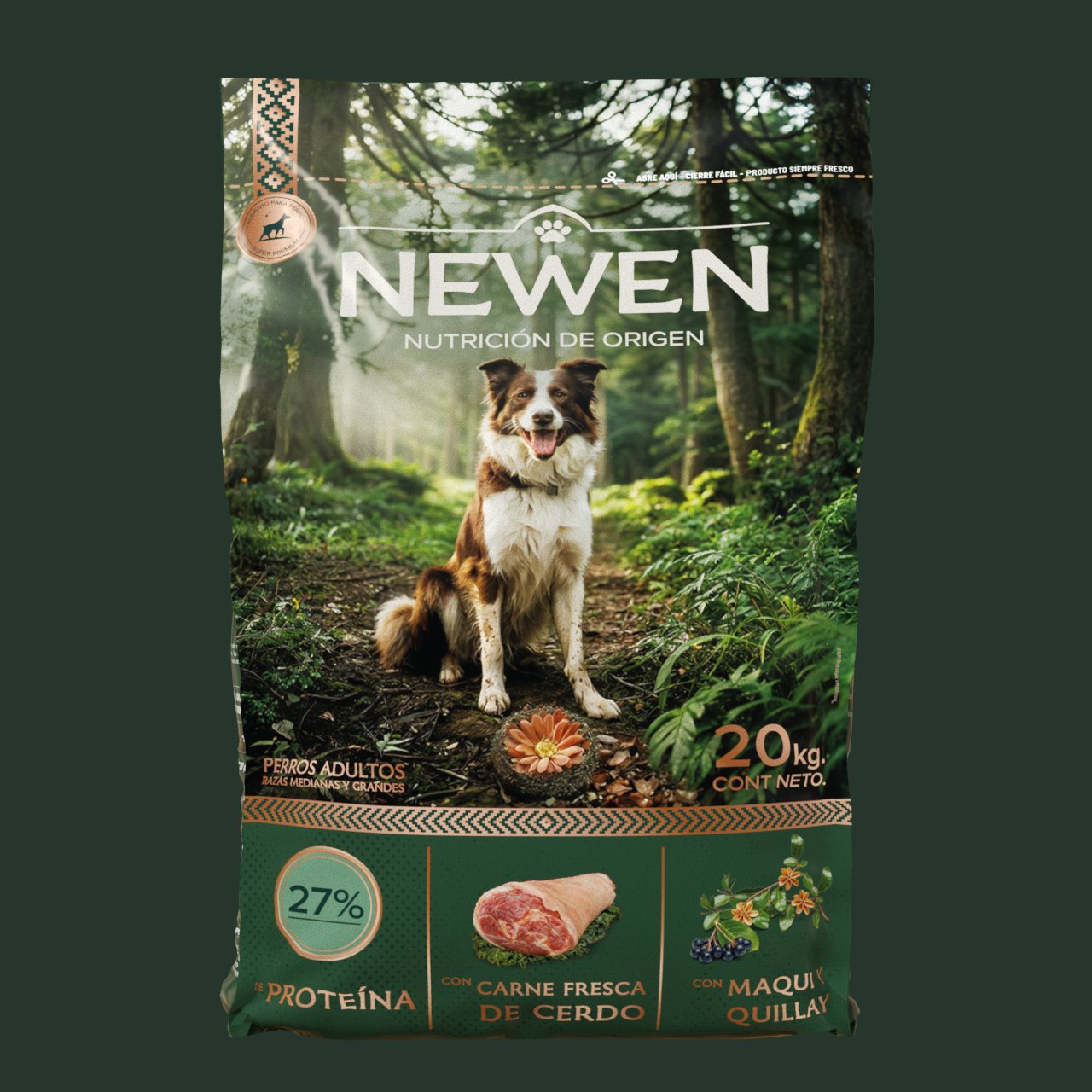 Render del saco Newen para perros adultos de razas medianas y grandes, de frente.